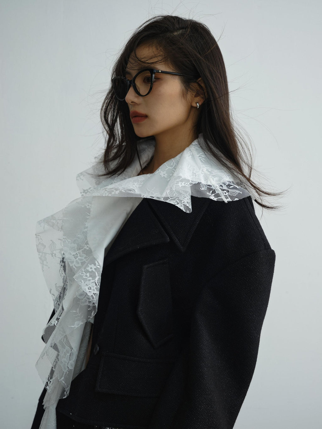 Jnylon studios Detachable Lace Ruffle Asymmetrical Women's Wool Structured Cropped Jackets