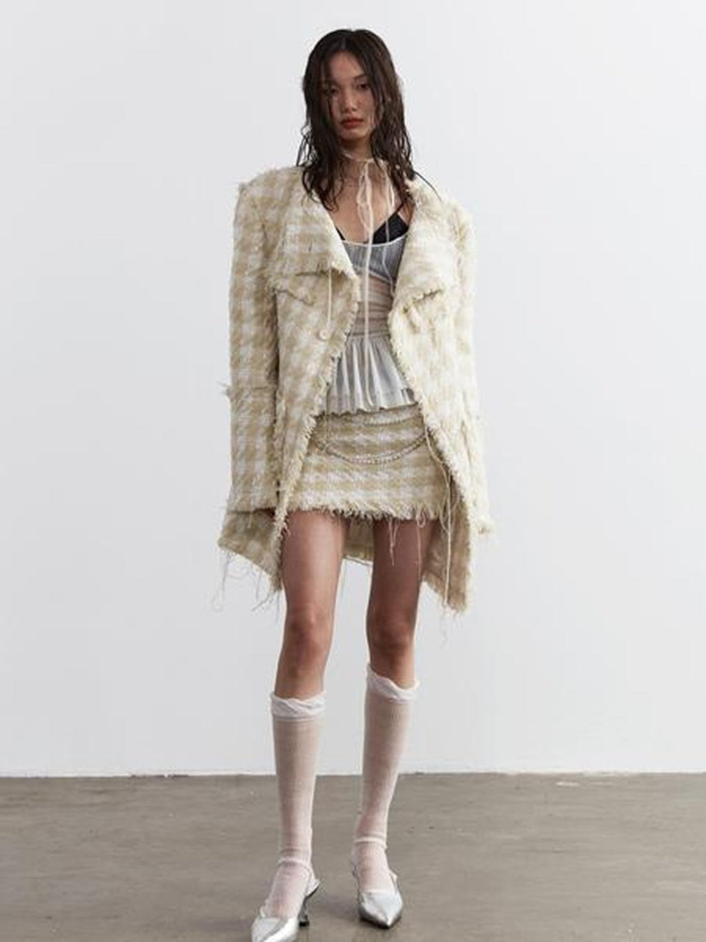Jnylon studios Distressed Frayed Tassel Chain Boucle Women's Polyester Mini Skirts