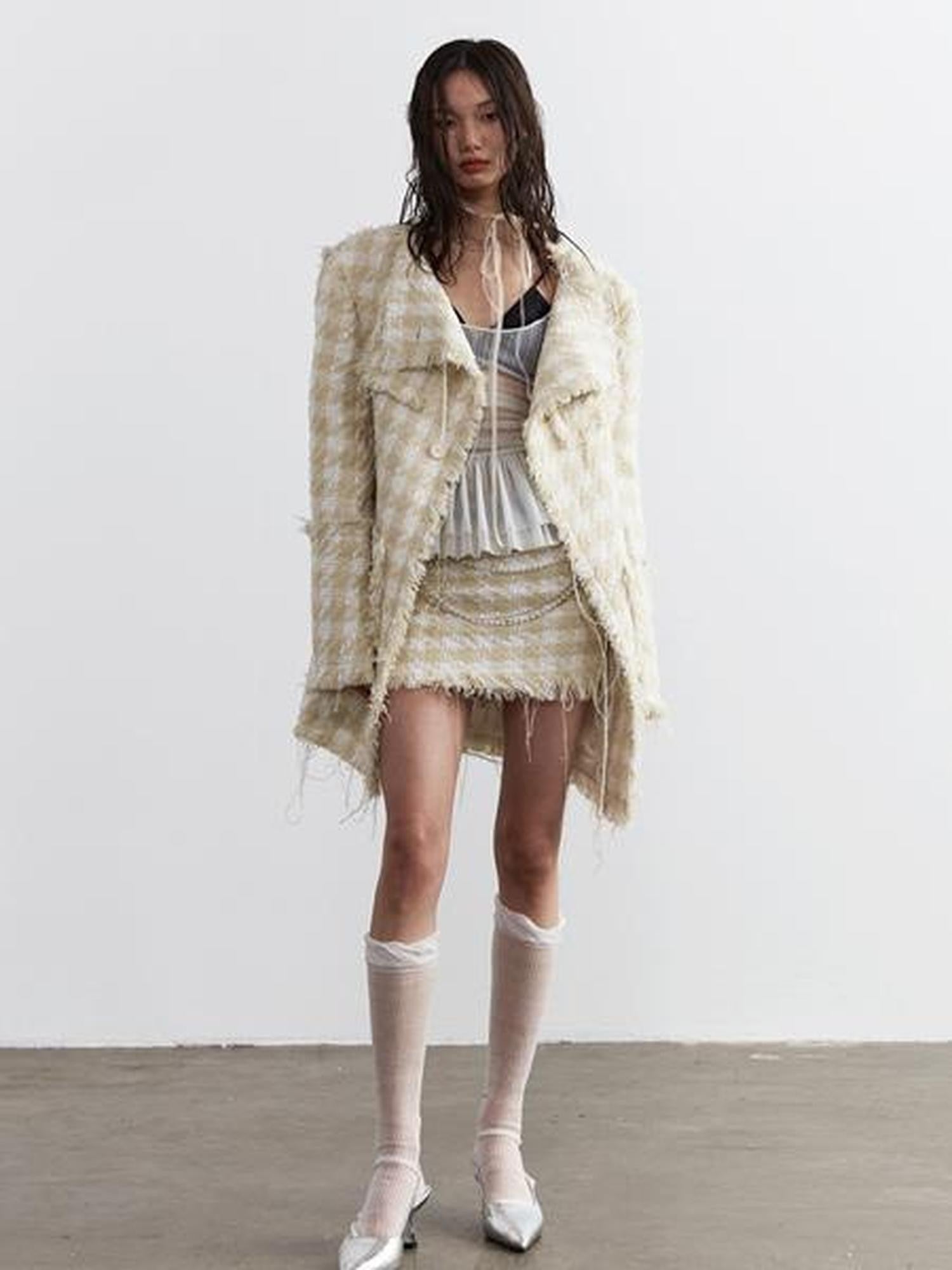 Jnylon studios Distressed Frayed Tassel Chain Boucle Women's Polyester Mini Skirts