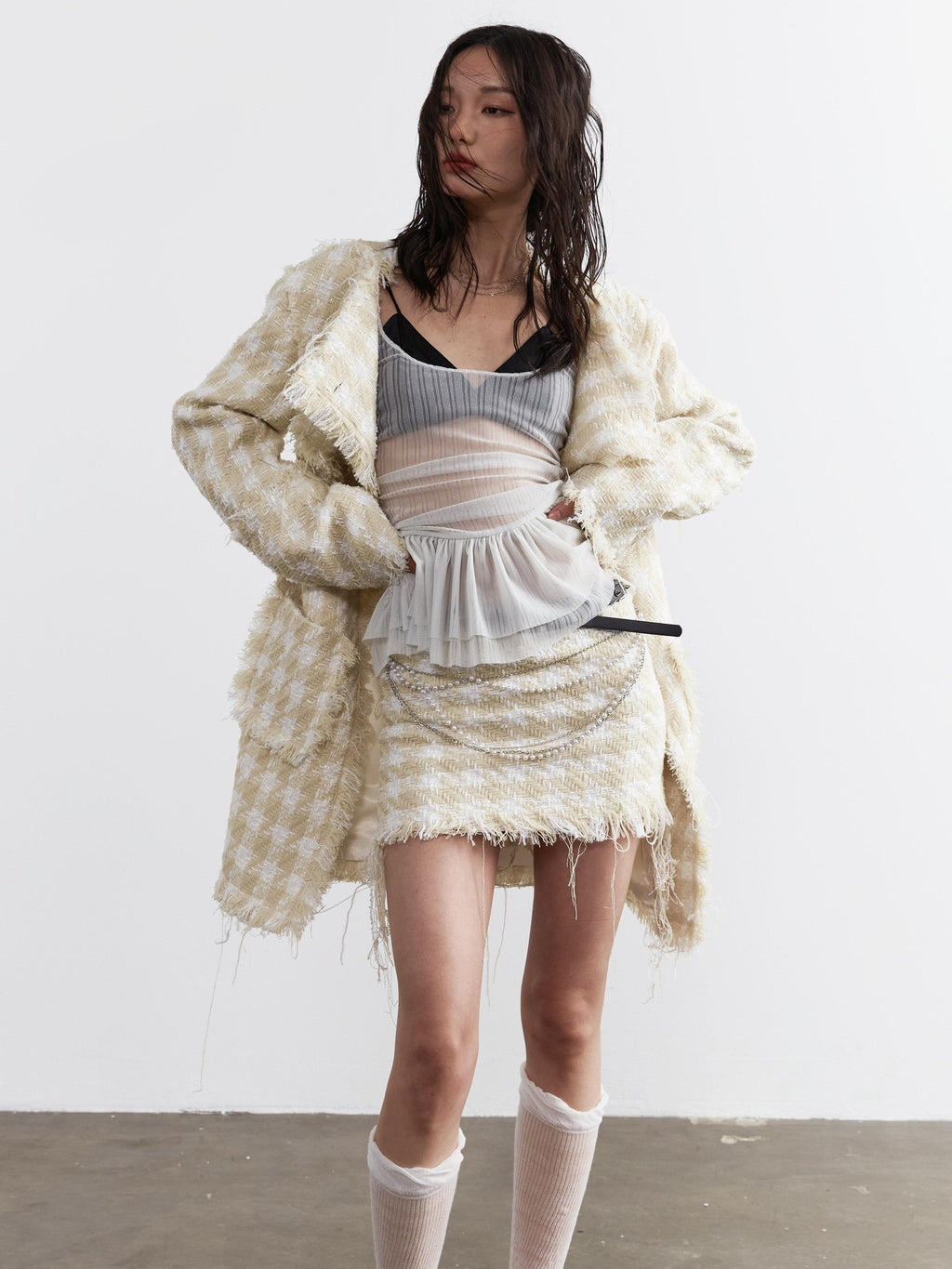 Jnylon studios Distressed Frayed Tassel Chain Boucle Women's Polyester Mini Skirts
