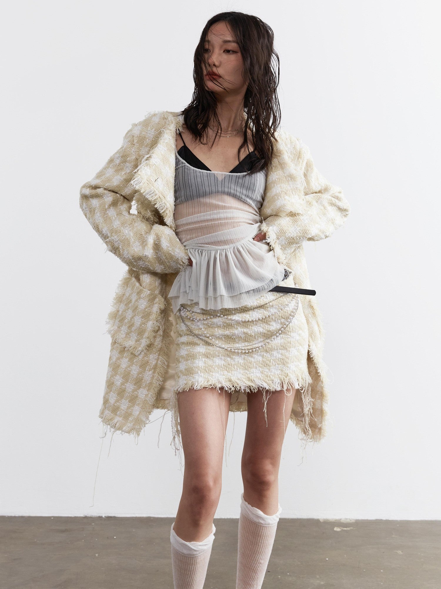 Jnylon studios Distressed Frayed Tassel Chain Boucle Women's Polyester Mini Skirts