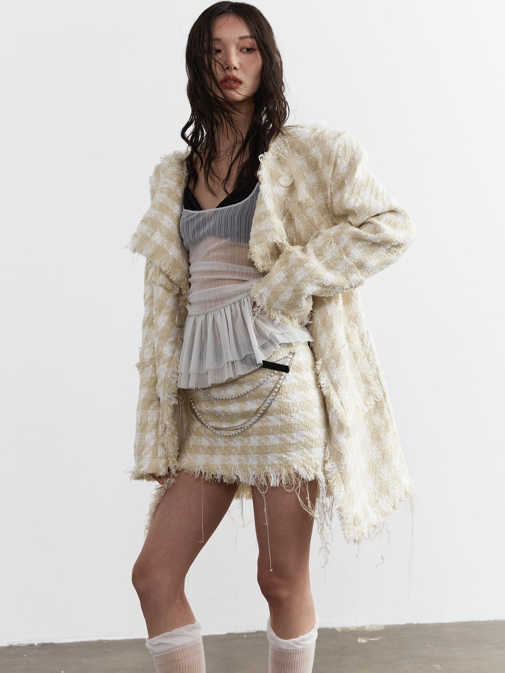 Jnylon studios Distressed Frayed Tassel Chain Boucle Women's Polyester Mini Skirts