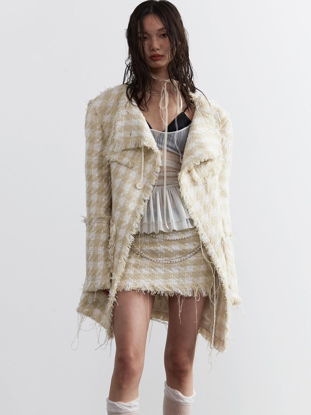 Jnylon studios Distressed Frayed Tassel Chain Boucle Women's Polyester Mini Skirts