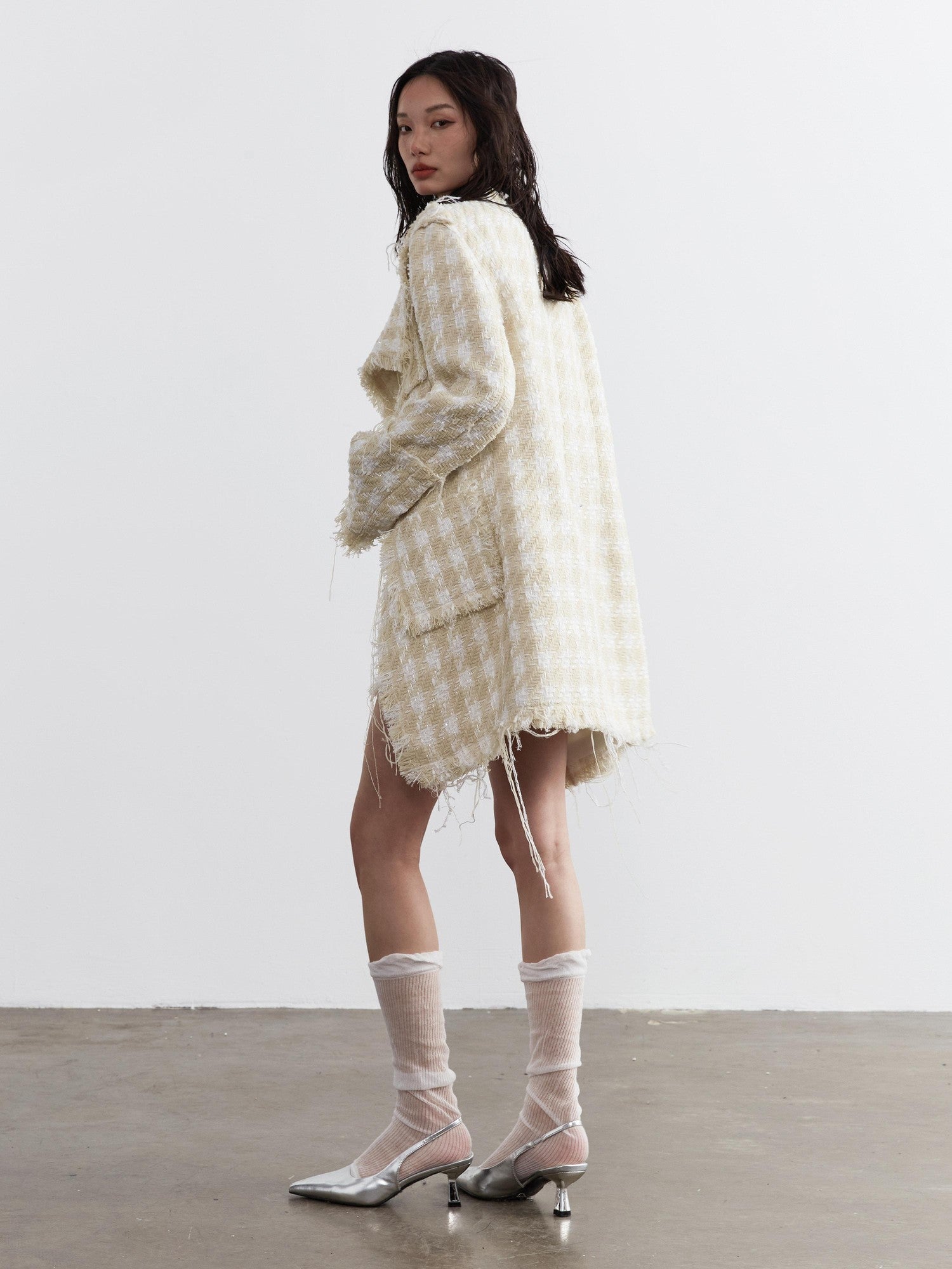 Jnylon studios Distressed Frayed Tassel Chain Boucle Women's Polyester Mini Skirts