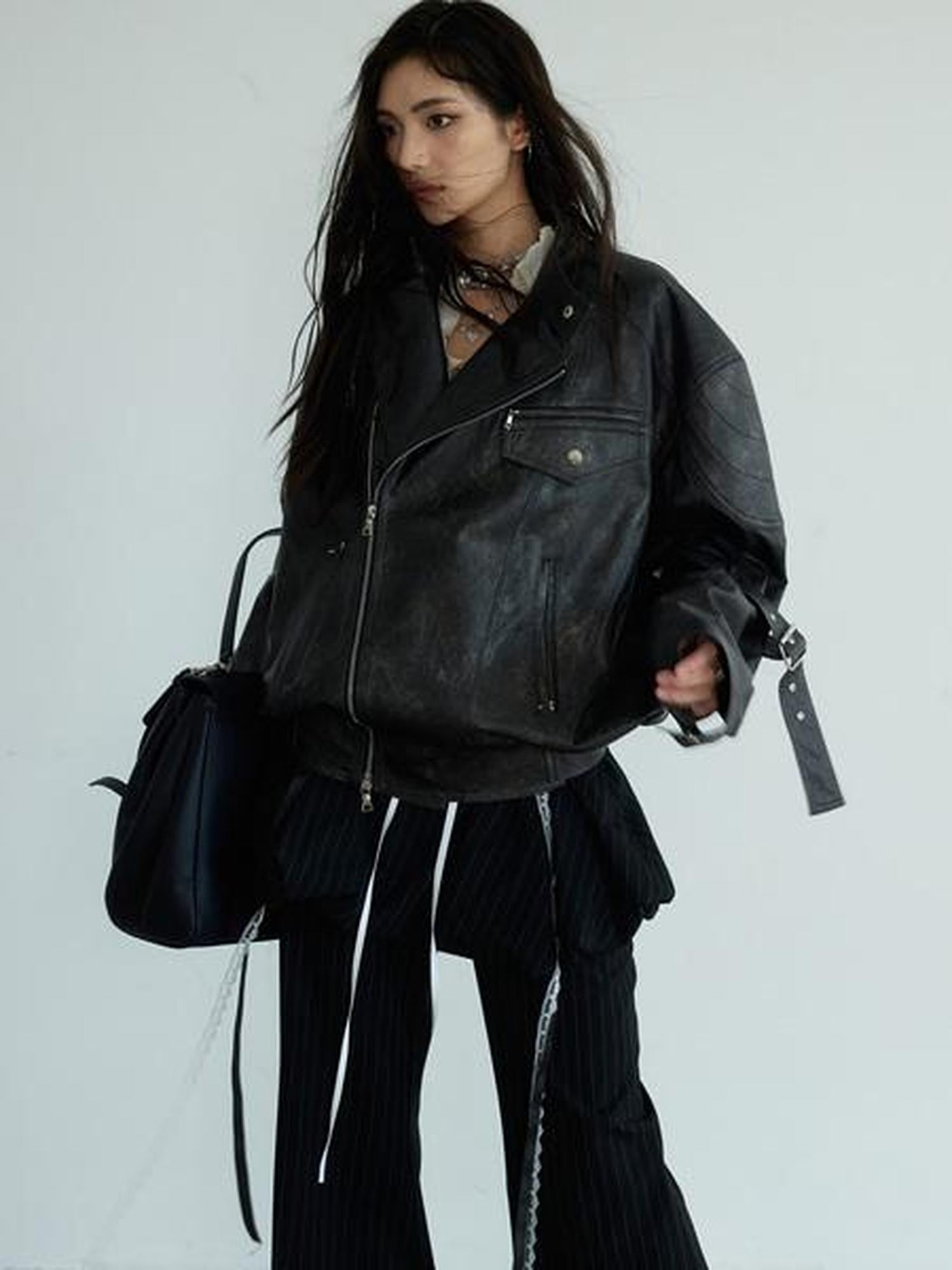 Jnylon studios Distressed Futuristic Biker Dark Rock Women's Pu Leather Jackets