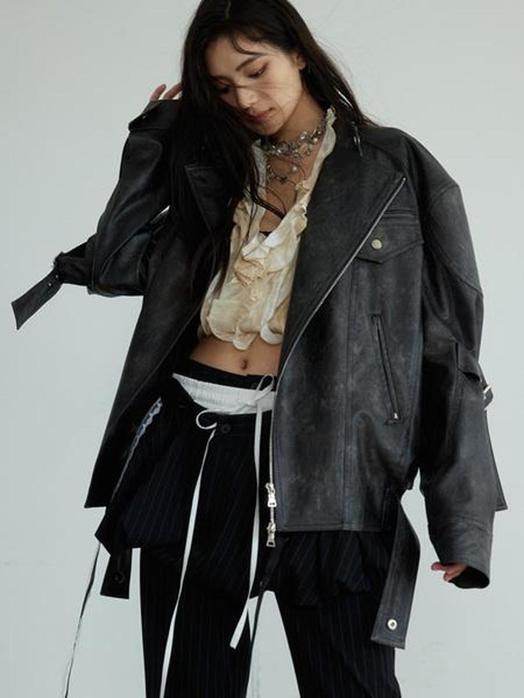 Jnylon studios Distressed Futuristic Biker Dark Rock Women's Pu Leather Jackets
