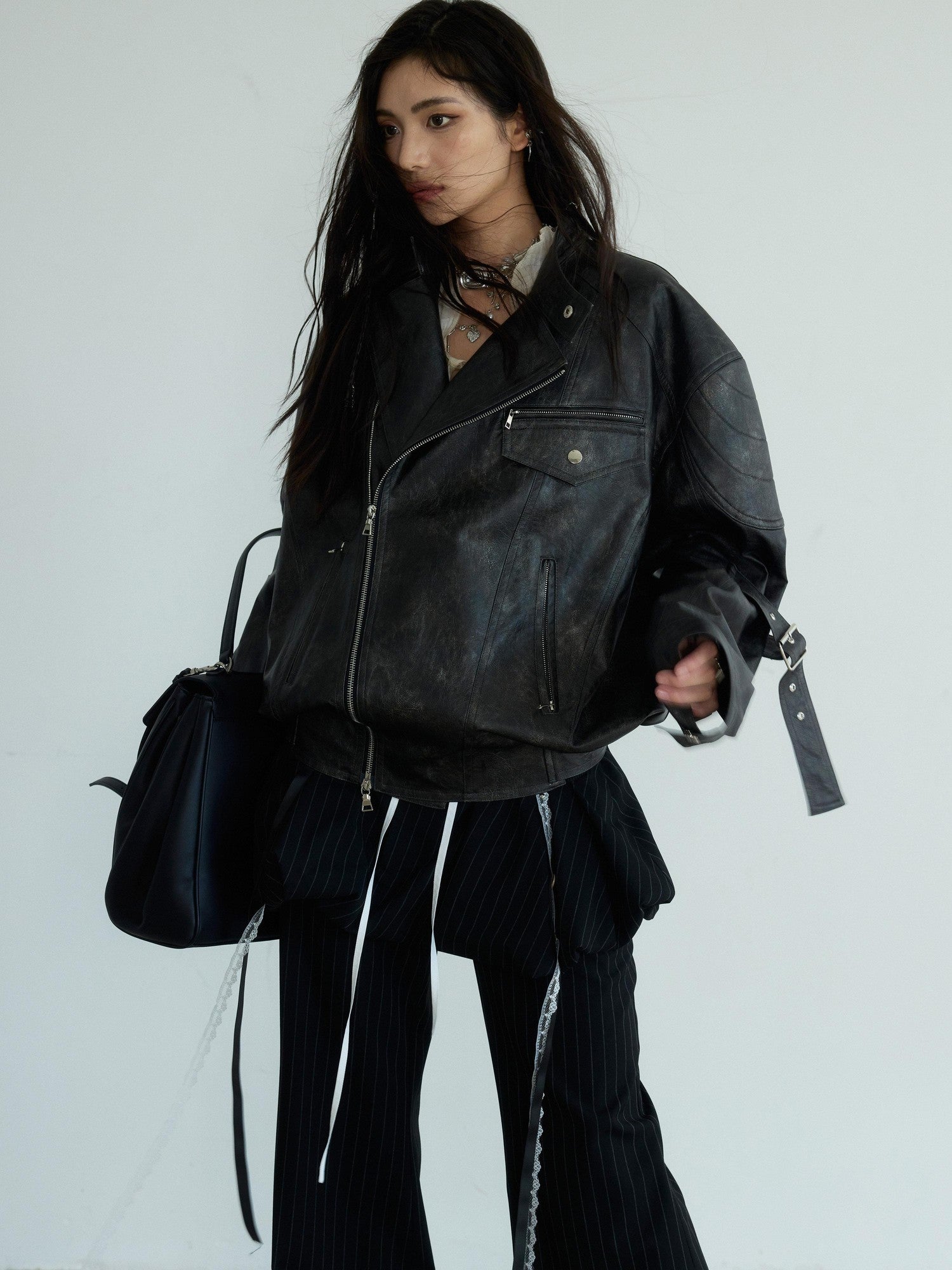Jnylon studios Distressed Futuristic Biker Dark Rock Women's Pu Leather Jackets