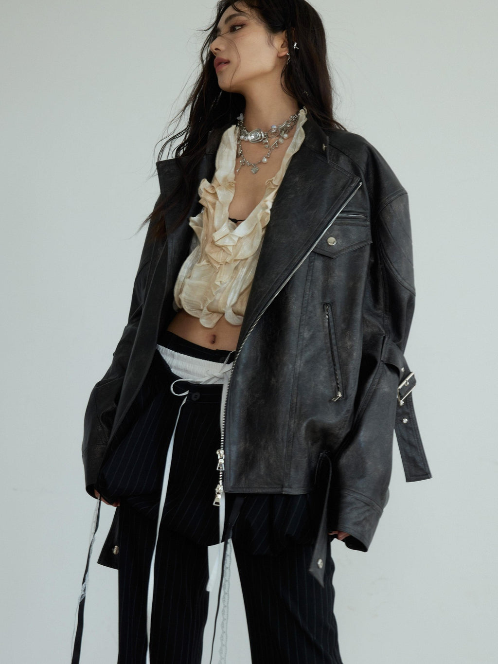 Jnylon studios Distressed Futuristic Biker Dark Rock Women's Pu Leather Jackets