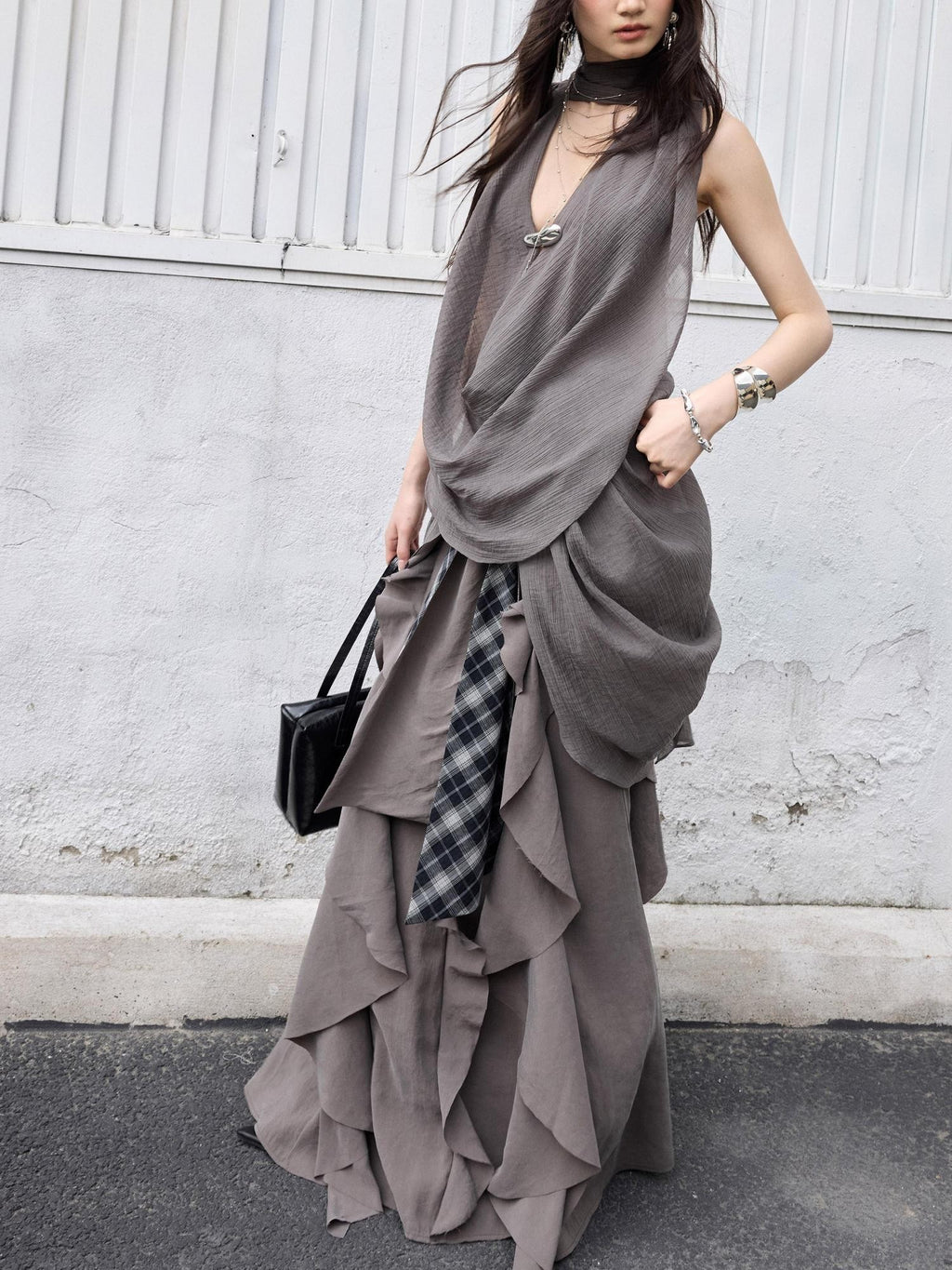 Jnylon studios Distressed Ruffled Tie Low Waist Irregular Women's Maxi Skirts