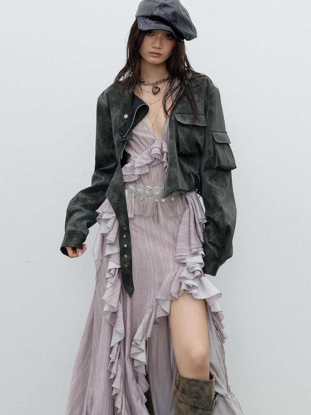Jnylon studios Distressed Studded Abstract Print Women's Pu Cropped Jackets