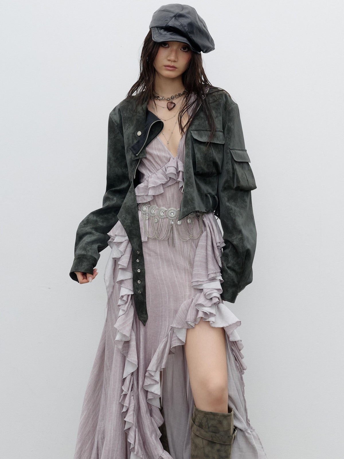 Jnylon studios Distressed Studded Abstract Print Women's Pu Cropped Jackets