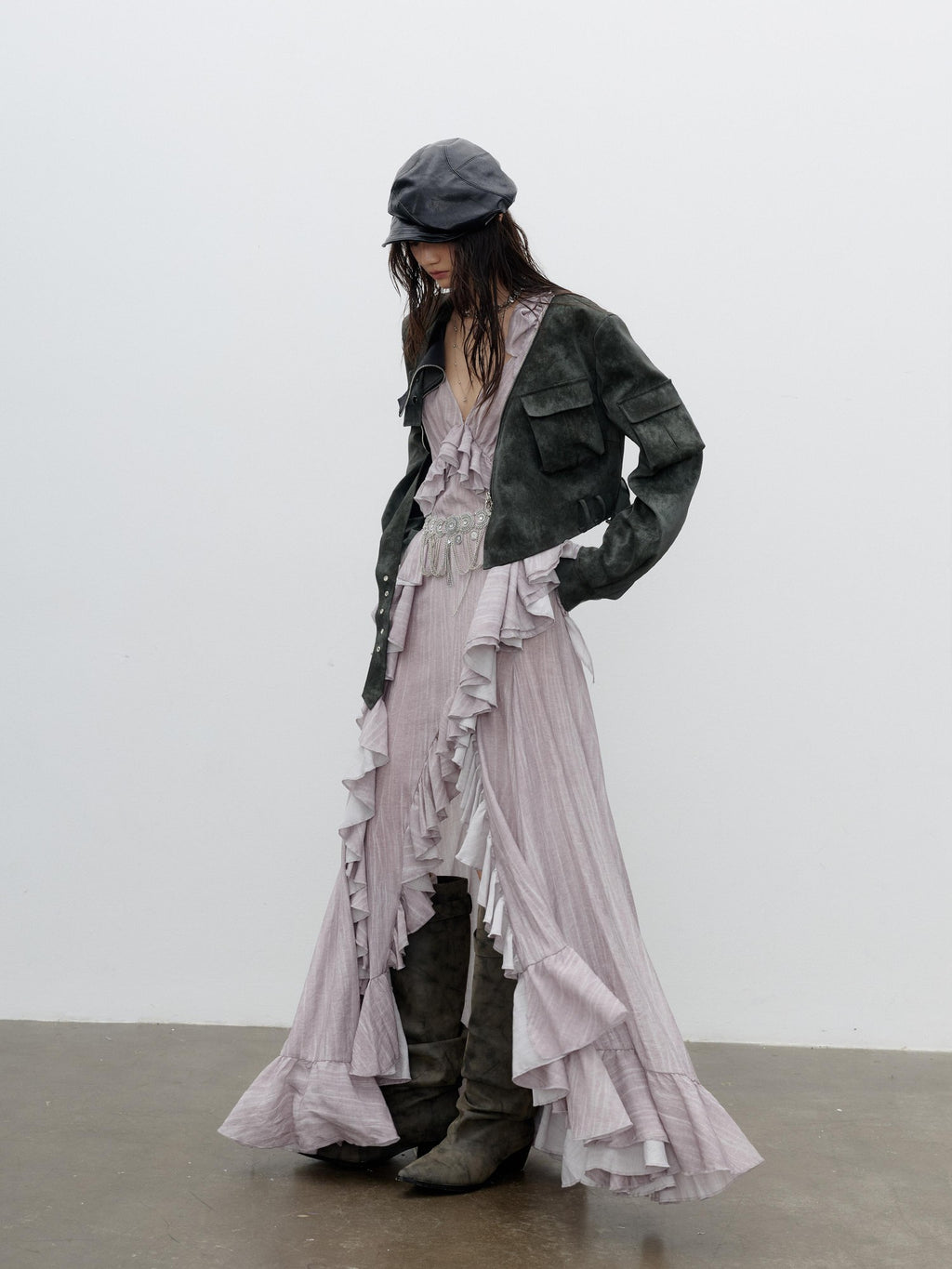 Jnylon studios Distressed Studded Abstract Print Women's Pu Cropped Jackets