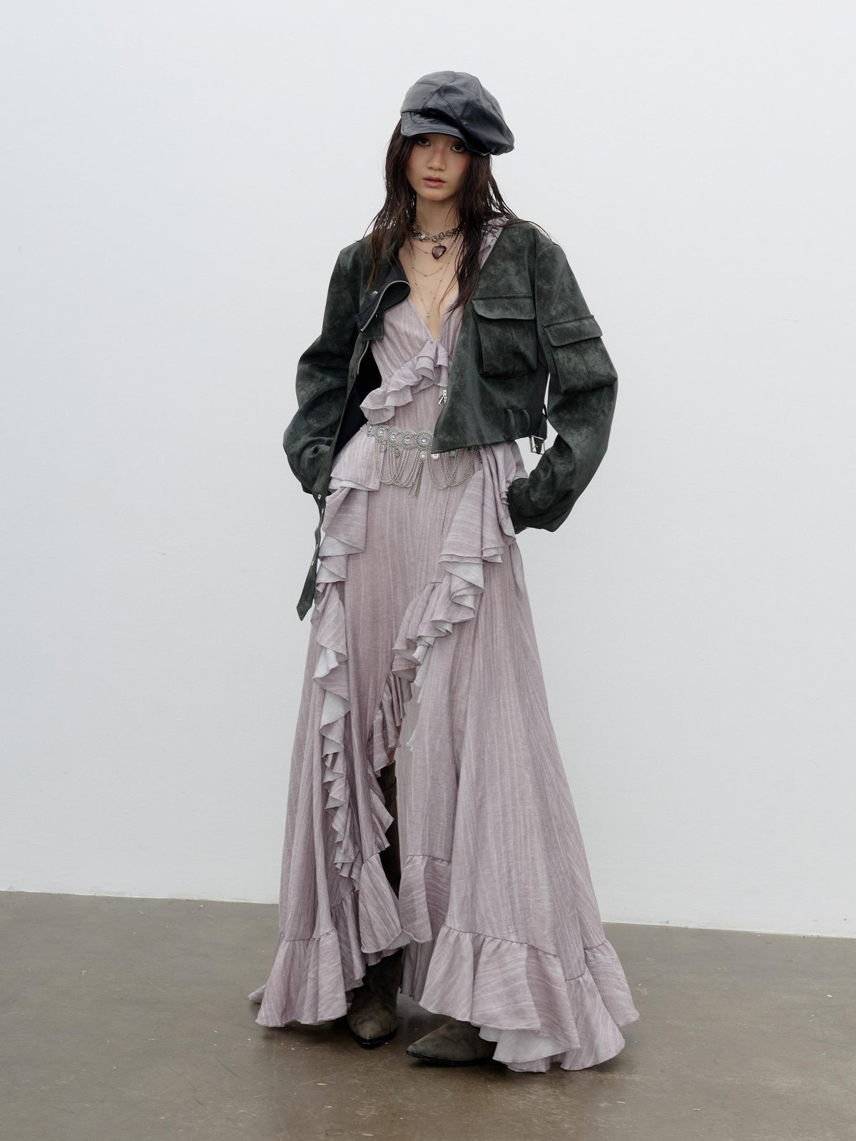Jnylon studios Distressed Studded Abstract Print Women's Pu Cropped Jackets