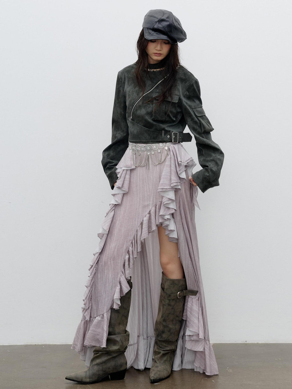 Jnylon studios Distressed Studded Abstract Print Women's Pu Cropped Jackets