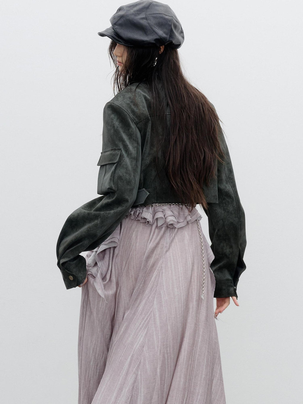 Jnylon studios Distressed Studded Abstract Print Women's Pu Cropped Jackets