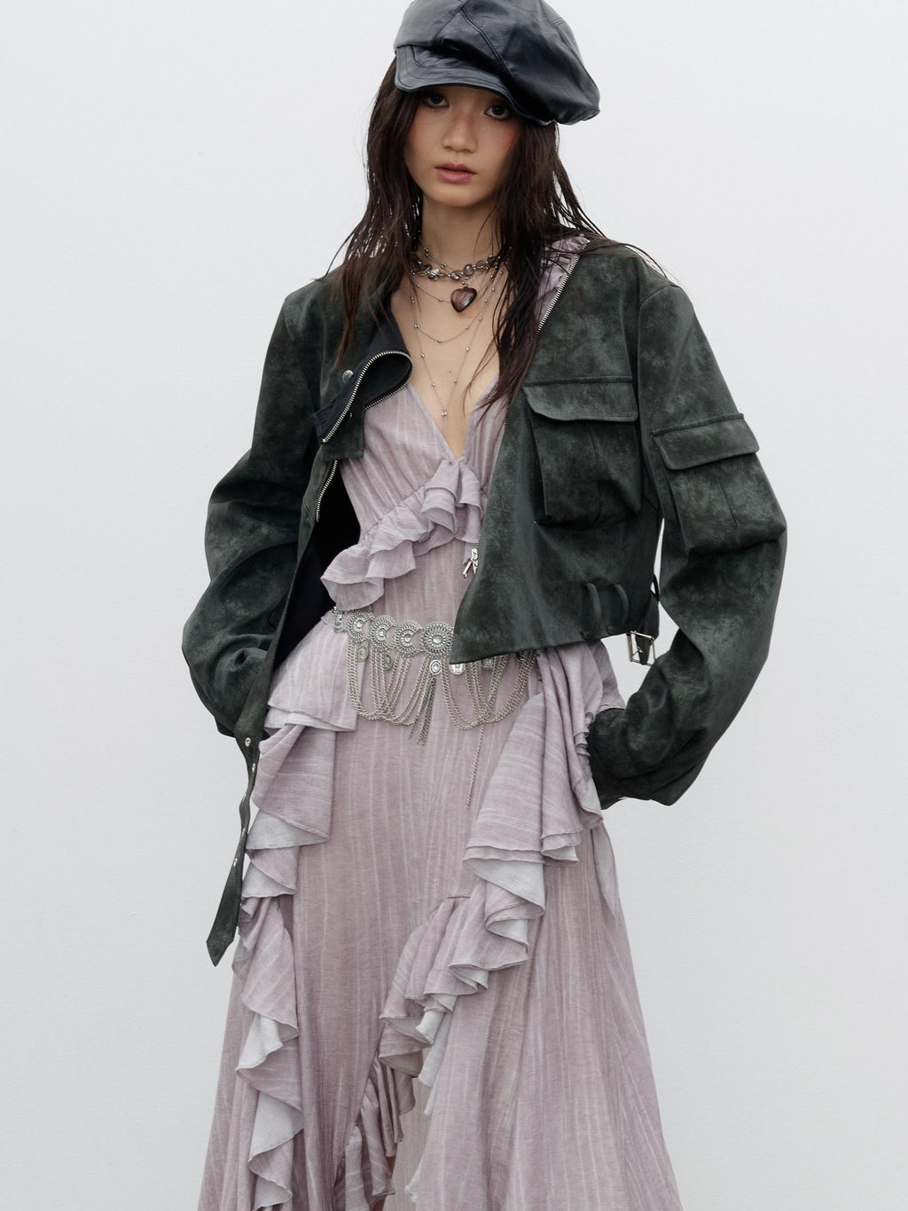 Jnylon studios Distressed Studded Abstract Print Women's Pu Cropped Jackets