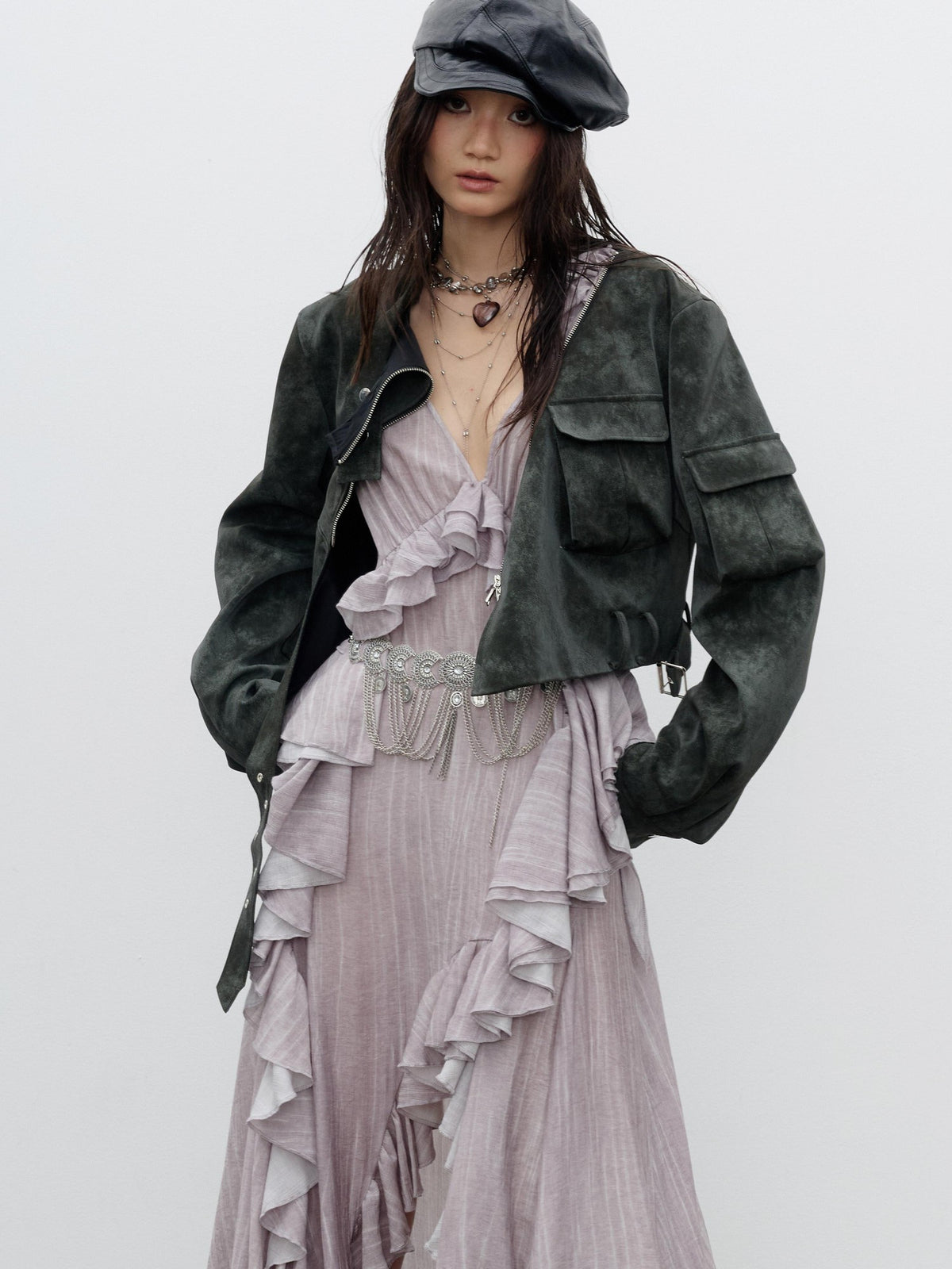 Jnylon studios Distressed Studded Abstract Print Women's Pu Cropped Jackets