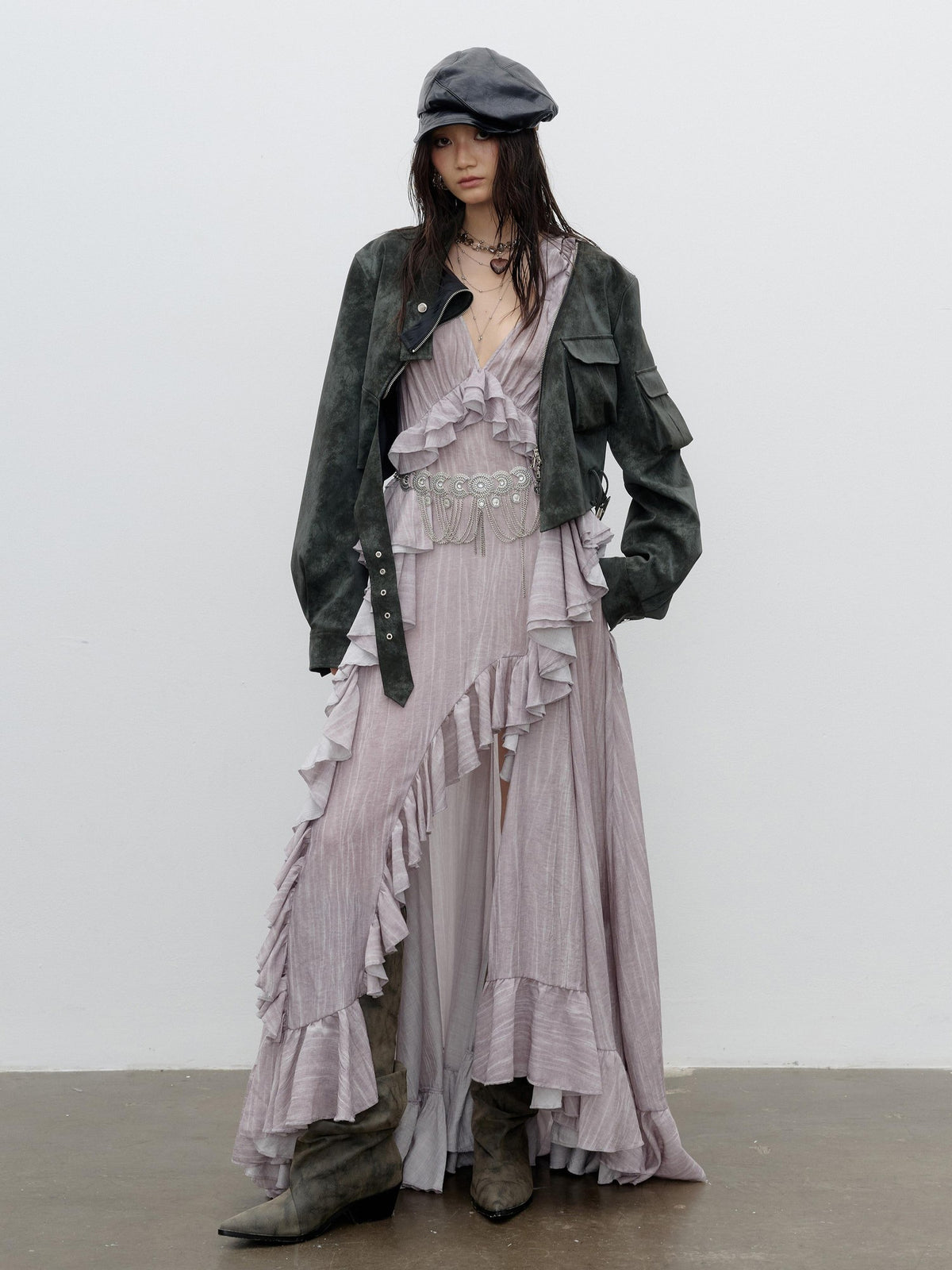 Jnylon studios Distressed Studded Abstract Print Women's Pu Cropped Jackets