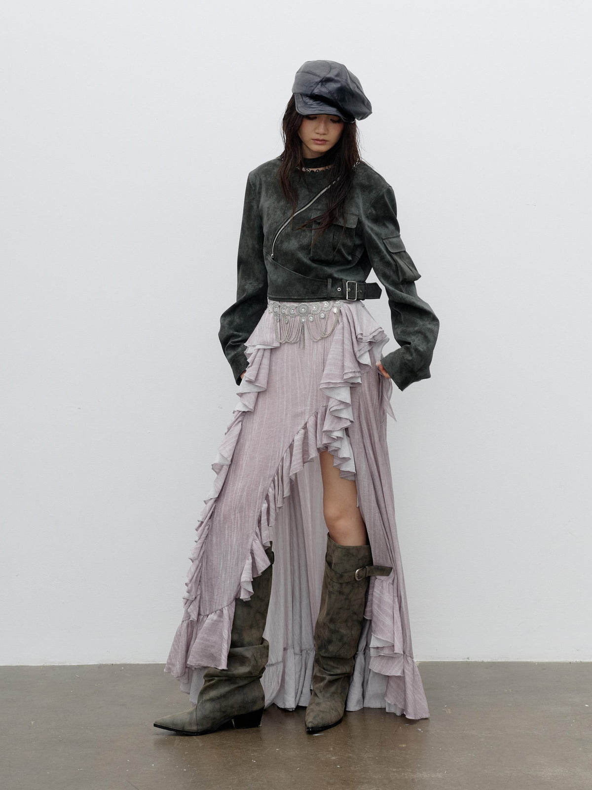 Jnylon studios Distressed Studded Abstract Print Women's Pu Cropped Jackets