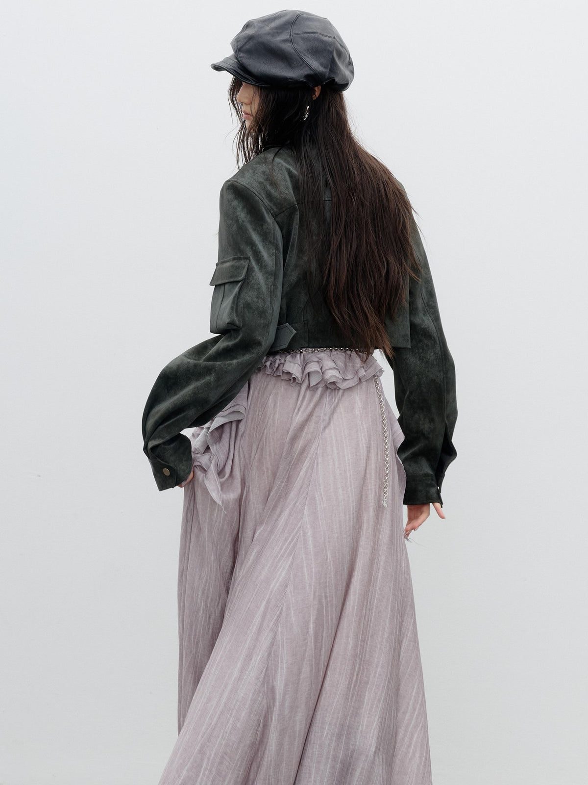 Jnylon studios Distressed Studded Abstract Print Women's Pu Cropped Jackets