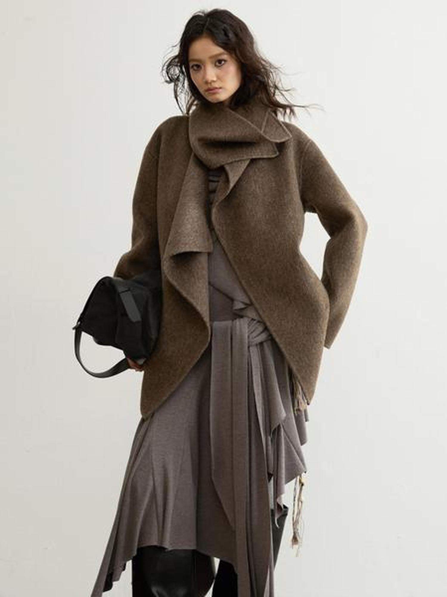 Jnylon studios Ebony Brown Nomadic Handcrafted Double Faced Women's 100 Percent Wool Wool Coats