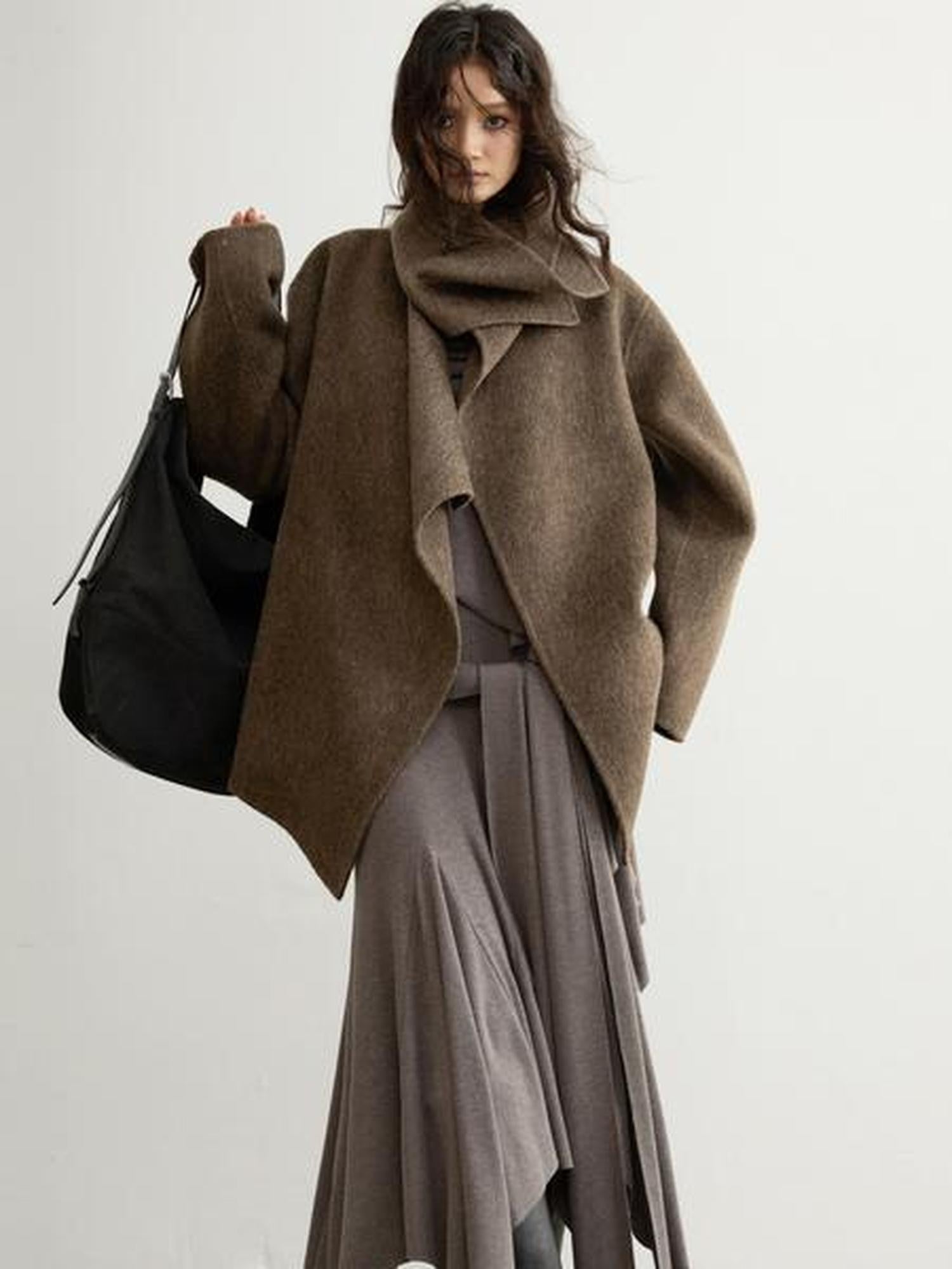 Jnylon studios Ebony Brown Nomadic Handcrafted Double Faced Women's 100 Percent Wool Wool Coats
