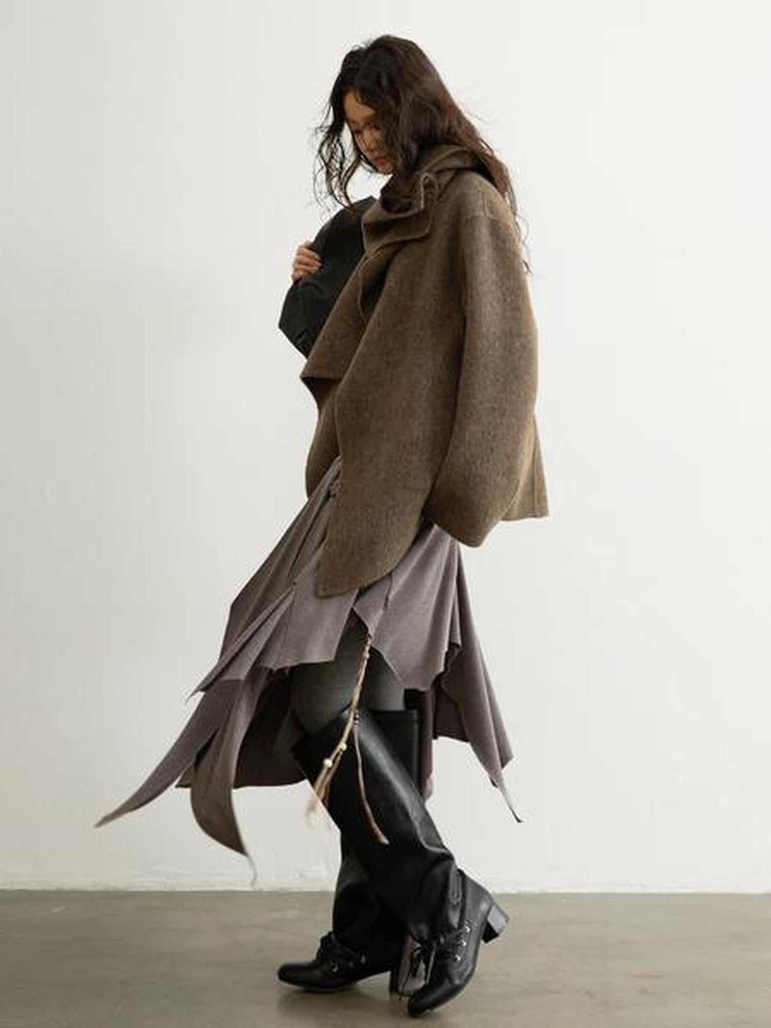 Jnylon studios Ebony Brown Nomadic Handcrafted Double Faced Women's 100 Percent Wool Wool Coats