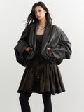 Jnylon studios Ebony Brown Retro Pleated Oversized Women's Pu Leather Jackets