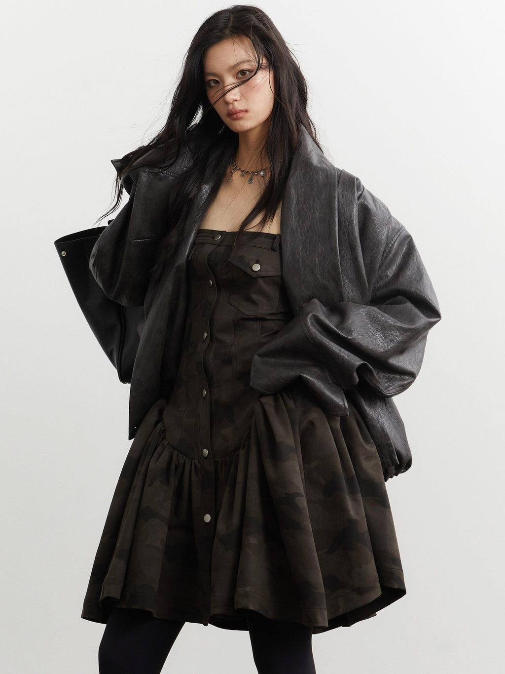 Jnylon studios Ebony Brown Retro Pleated Oversized Women's Pu Leather Jackets