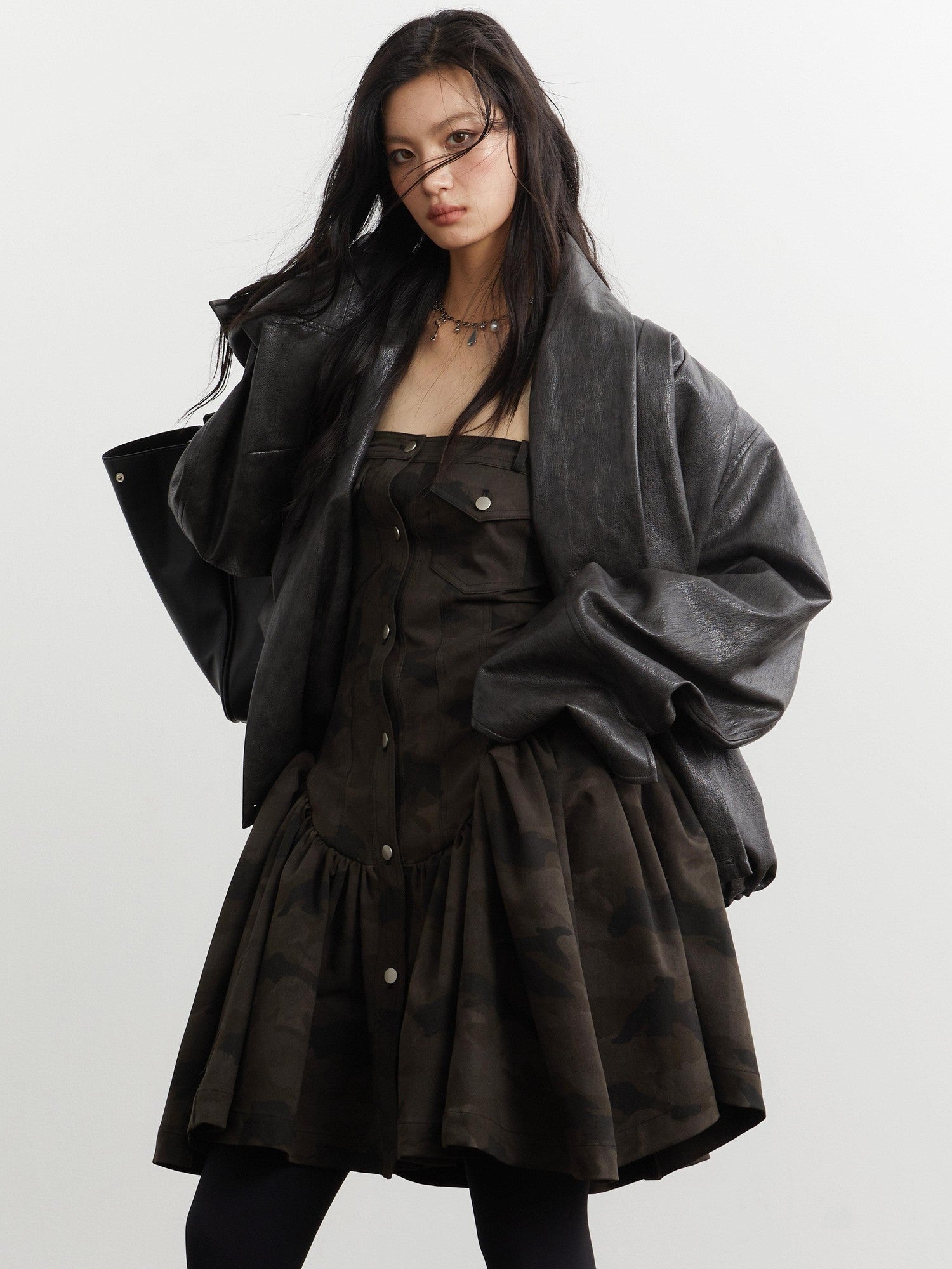 Jnylon studios Ebony Brown Retro Pleated Oversized Women's Pu Leather Jackets
