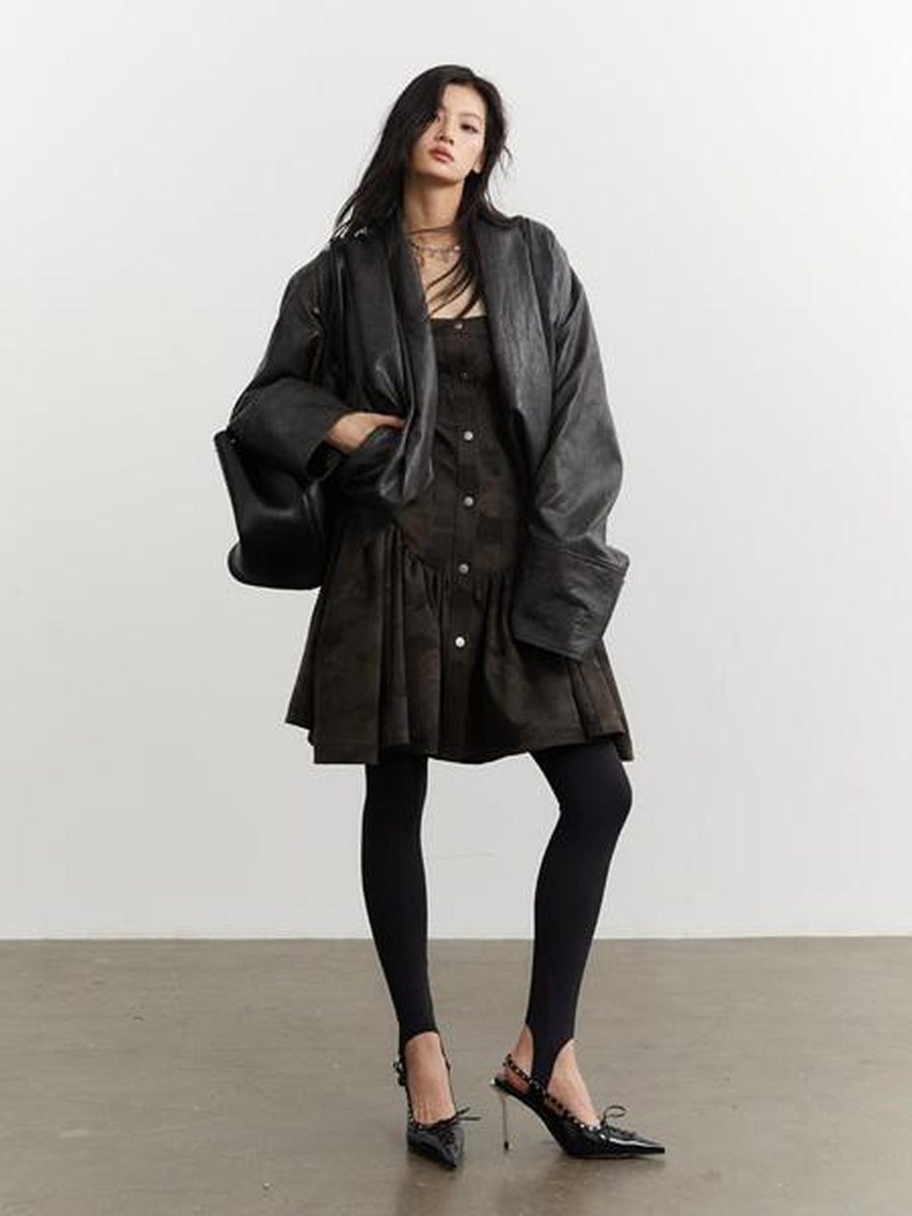 Jnylon studios Ebony Brown Retro Pleated Oversized Women's Pu Leather Jackets