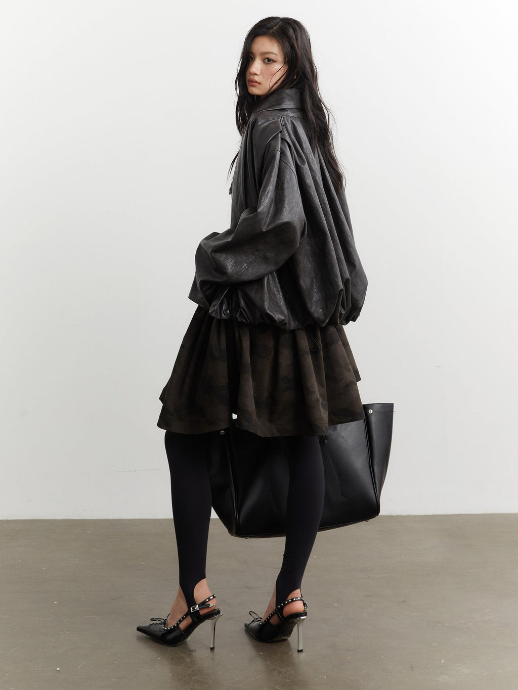 Jnylon studios Ebony Brown Retro Pleated Oversized Women's Pu Leather Jackets