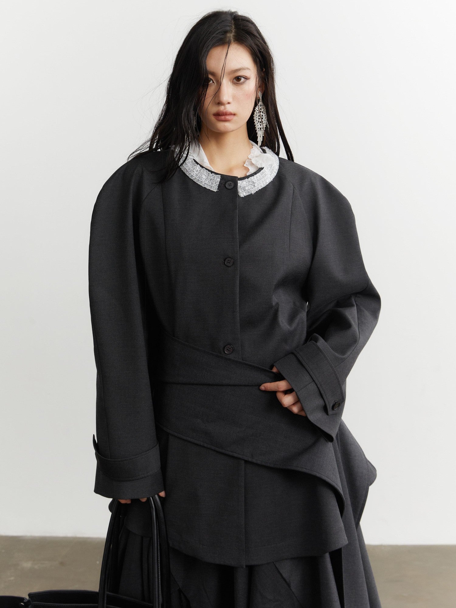 Jnylon studios Elegant Ruffle Trim Structured Women's Other Materials Blazers
