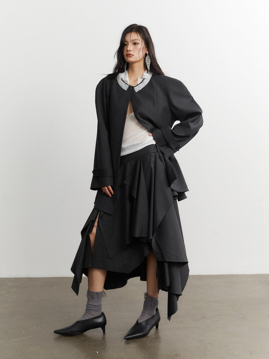 Jnylon studios Elegant Ruffle Trim Structured Women's Other Materials Blazers