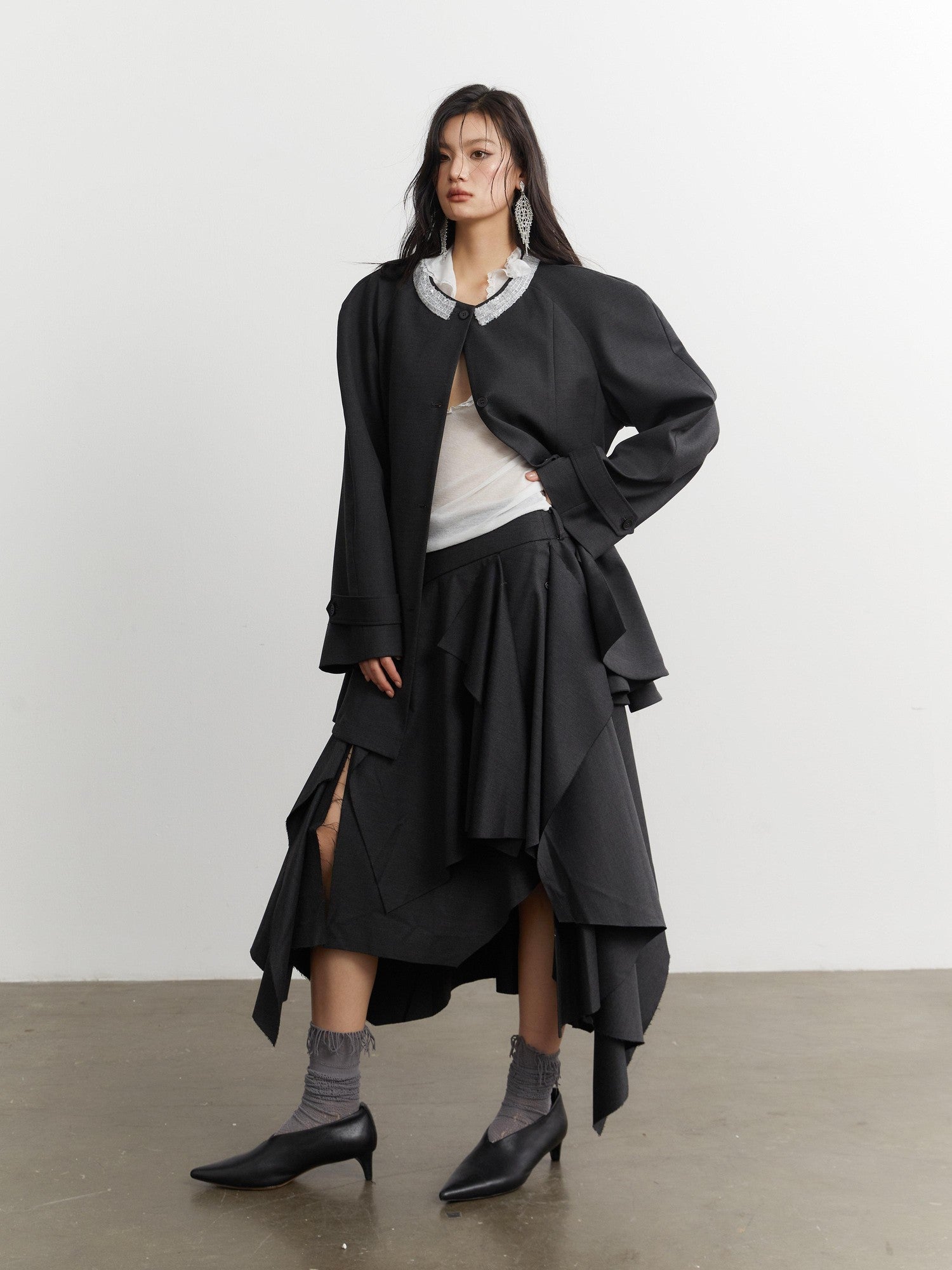 Jnylon studios Elegant Ruffle Trim Structured Women's Other Materials Blazers