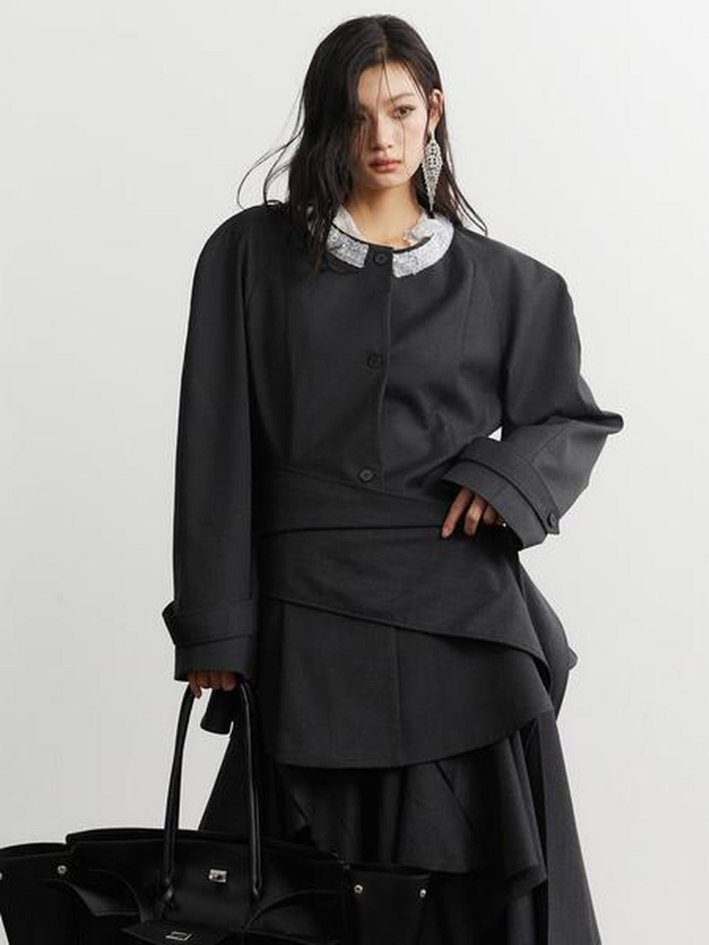 Jnylon studios Elegant Ruffle Trim Structured Women's Other Materials Blazers