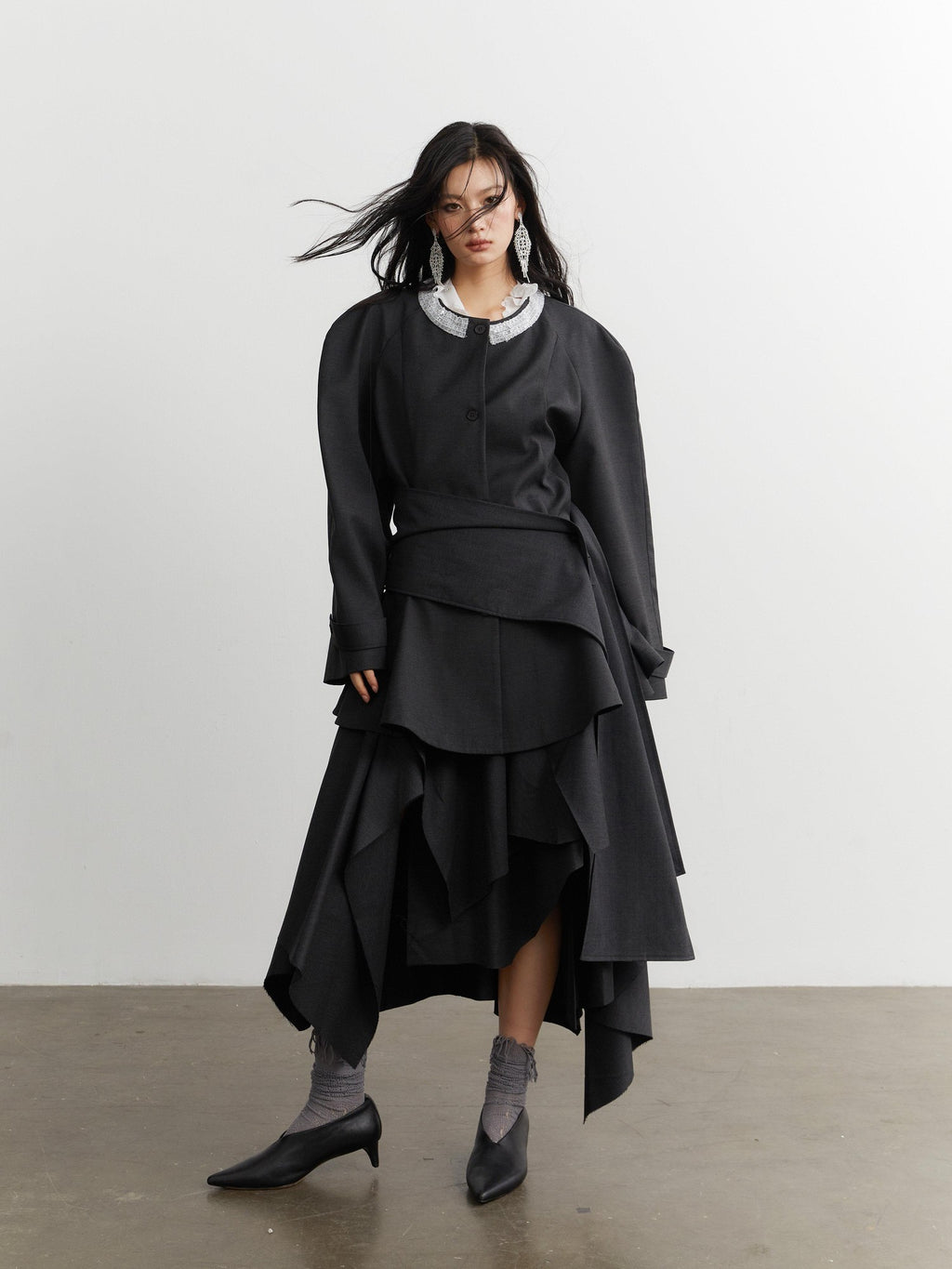 Jnylon studios Elegant Ruffle Trim Structured Women's Other Materials Blazers