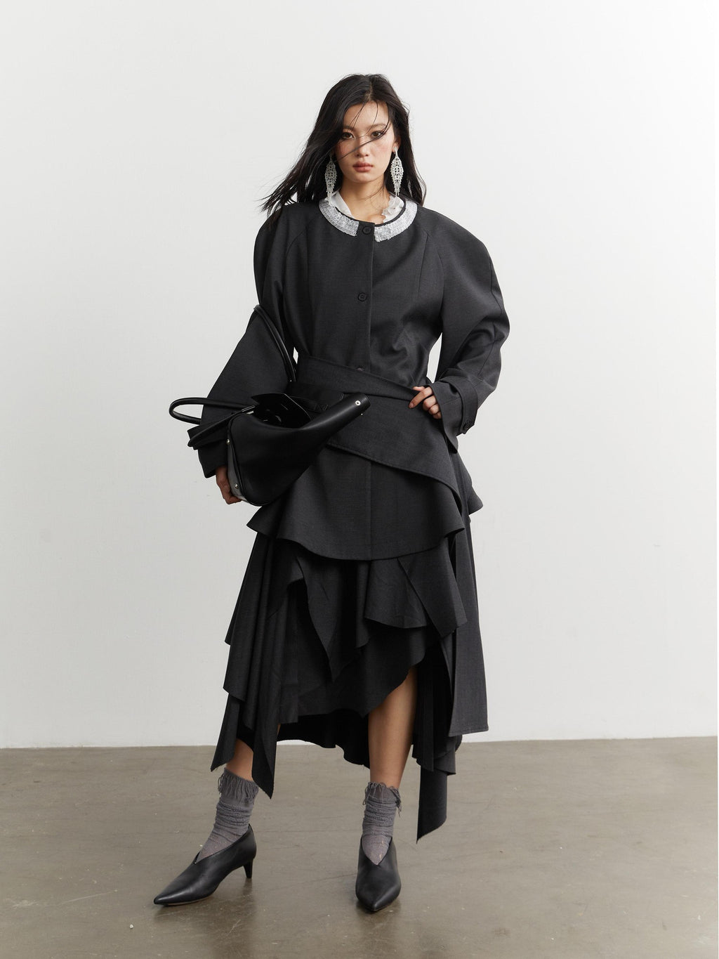 Jnylon studios Elegant Ruffle Trim Structured Women's Other Materials Blazers