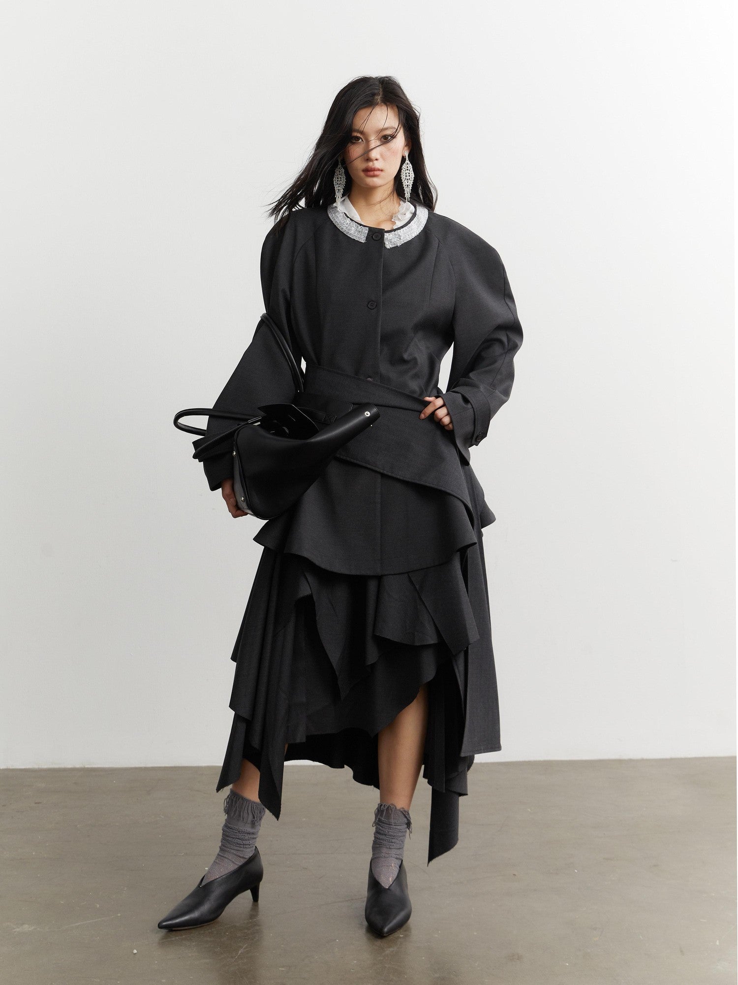 Jnylon studios Elegant Ruffle Trim Structured Women's Other Materials Blazers