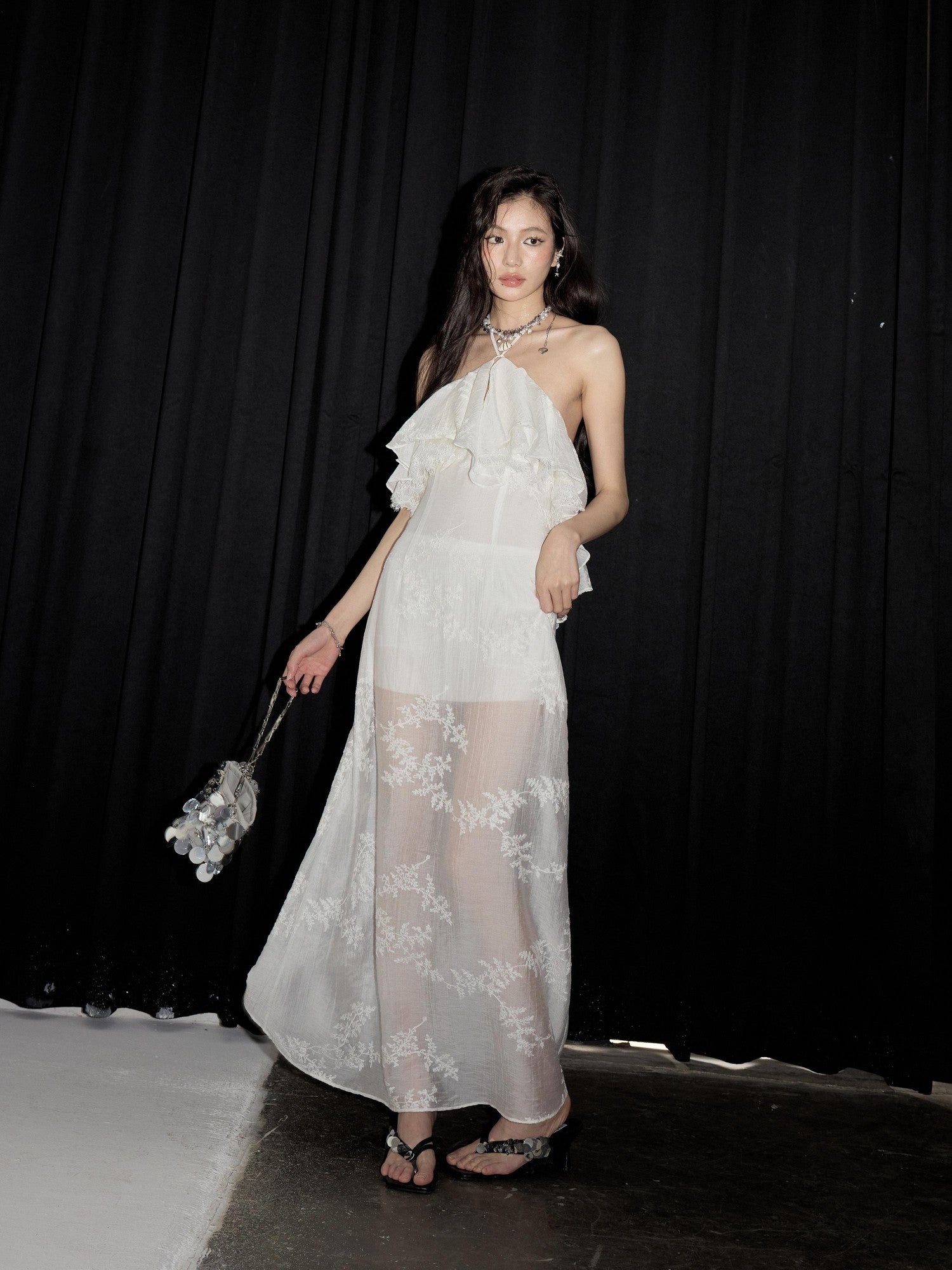 Jnylon studios Ethereal Embroidered Off Shoulder Women's Recycled Fiber Halter Maxi Dresses