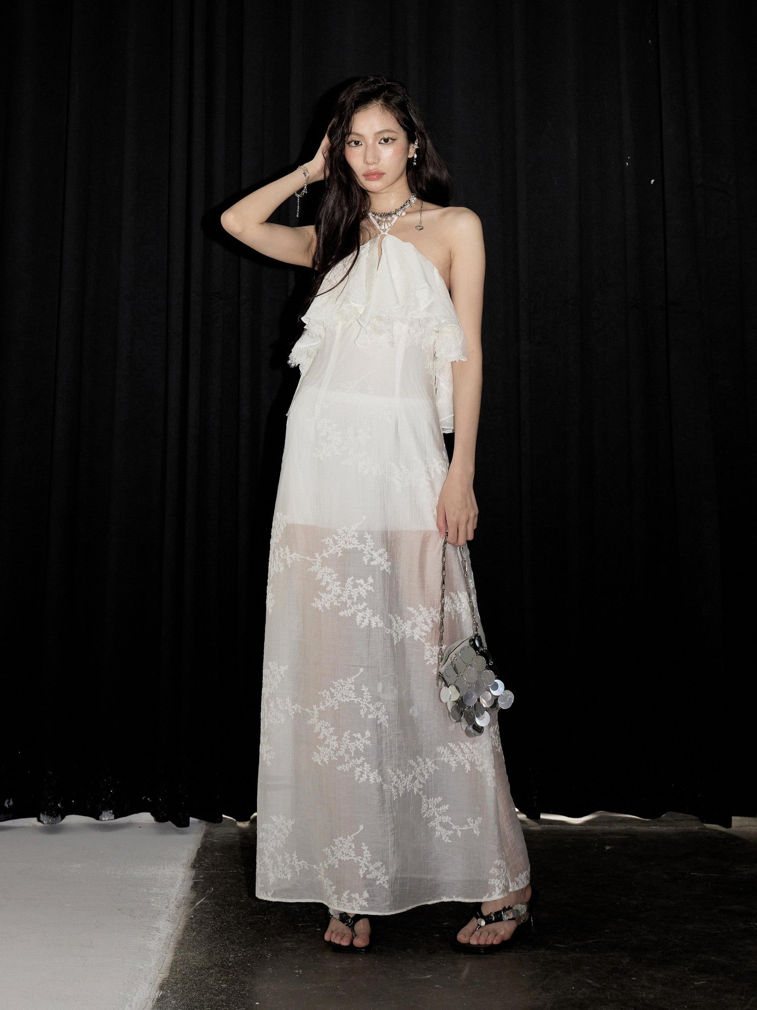 Jnylon studios Ethereal Embroidered Off Shoulder Women's Recycled Fiber Halter Maxi Dresses