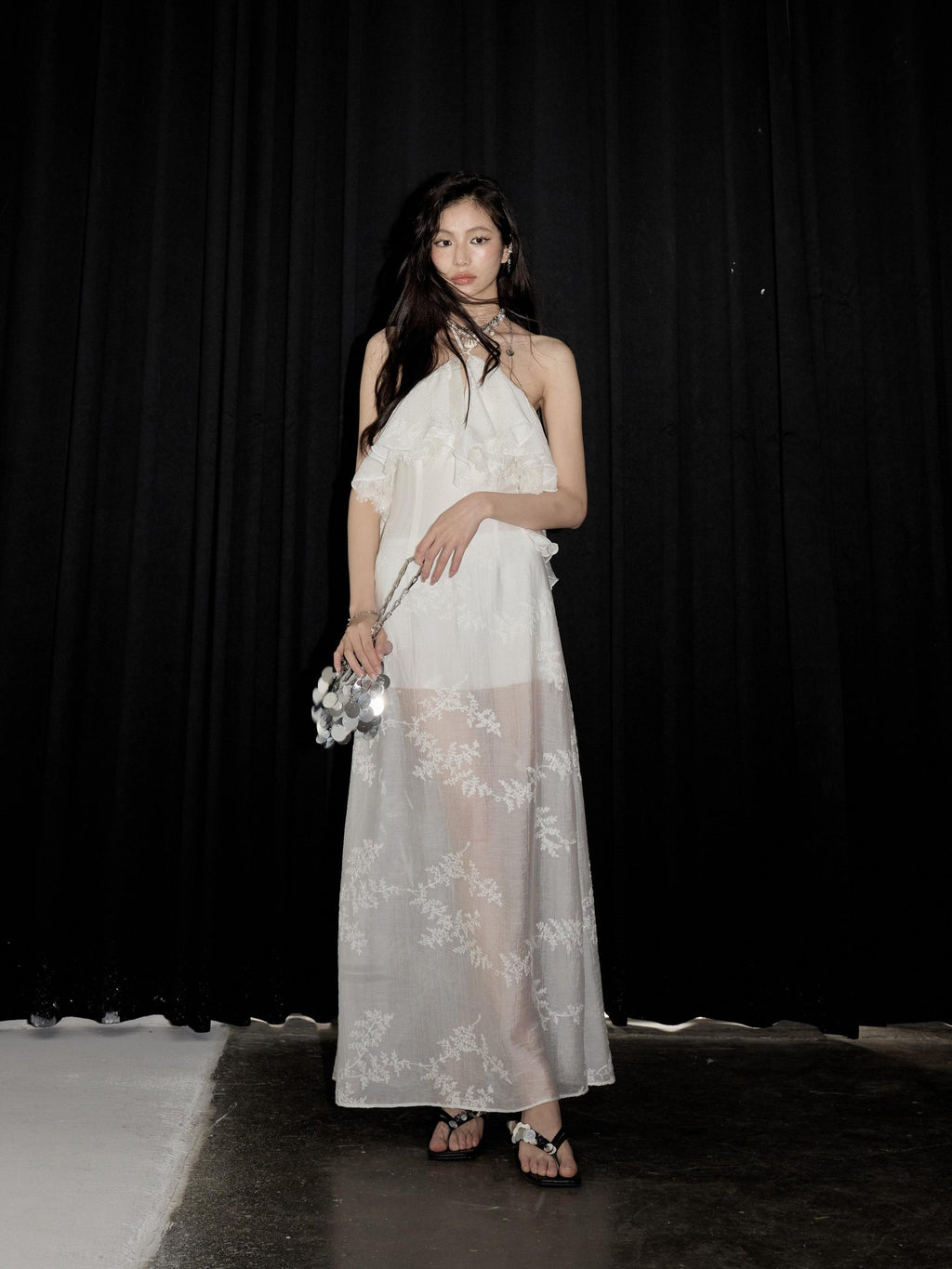 Jnylon studios Ethereal Embroidered Off Shoulder Women's Recycled Fiber Halter Maxi Dresses