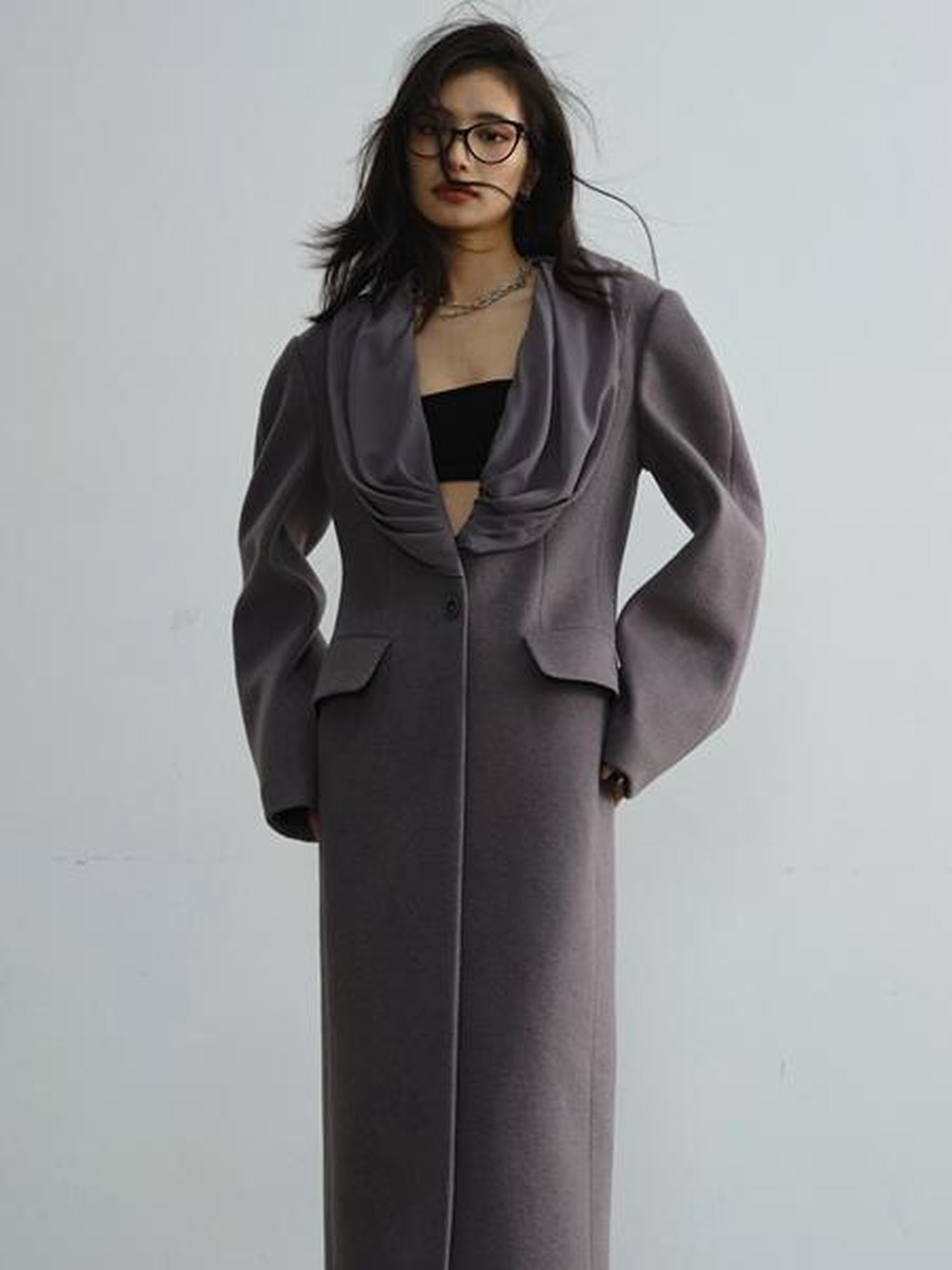 Jnylon studios Faux Silk Scarf Splice Asymmetrical Ultra Low Neck Women's Wool Blend Long Coats