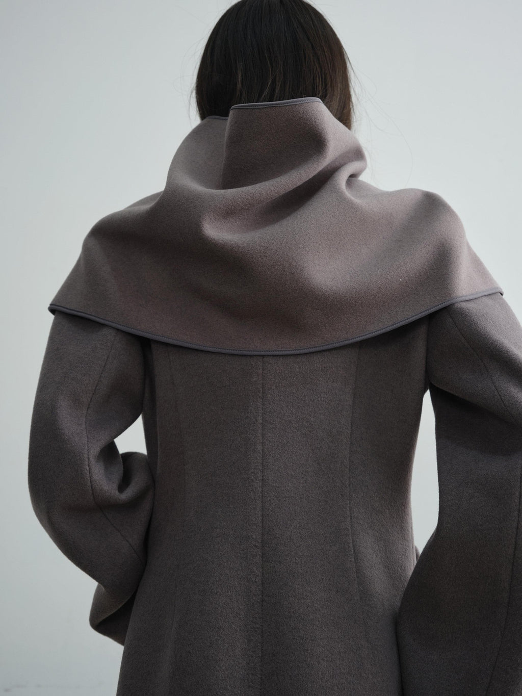 Jnylon studios Faux Silk Scarf Splice Asymmetrical Ultra Low Neck Women's Wool Blend Long Coats
