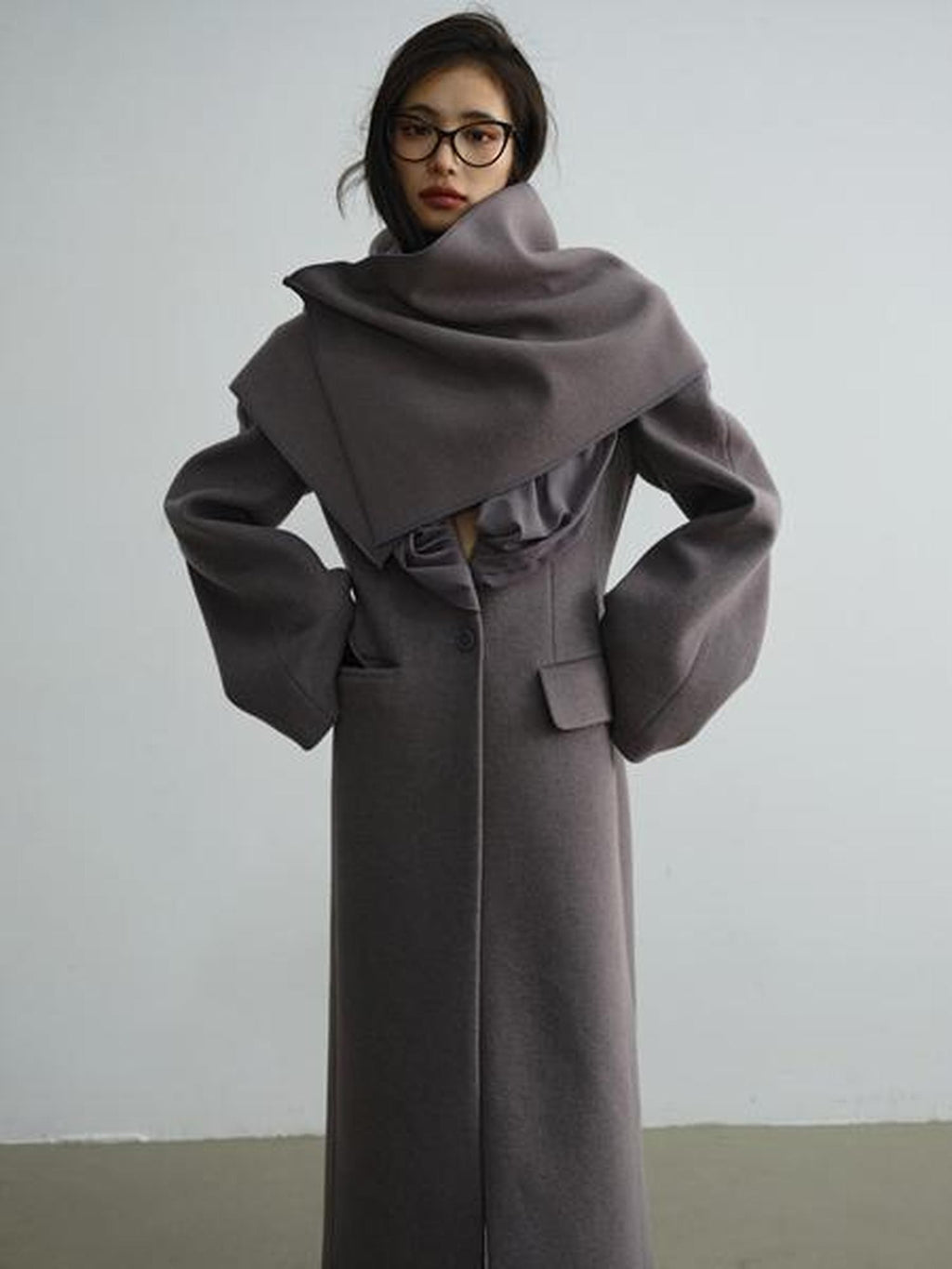 Jnylon studios Faux Silk Scarf Splice Asymmetrical Ultra Low Neck Women's Wool Blend Long Coats