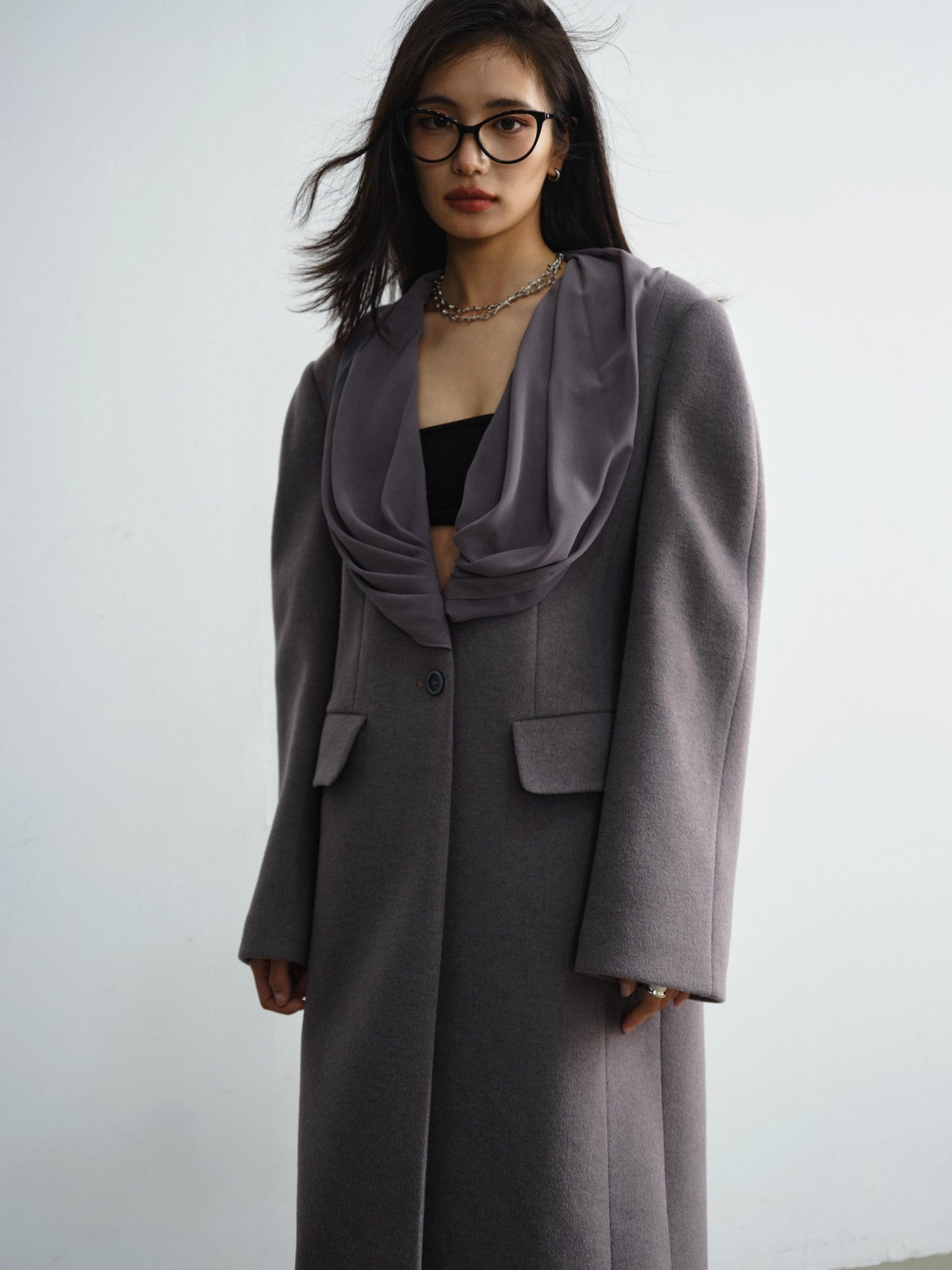 Jnylon studios Faux Silk Scarf Splice Asymmetrical Ultra Low Neck Women's Wool Blend Long Coats