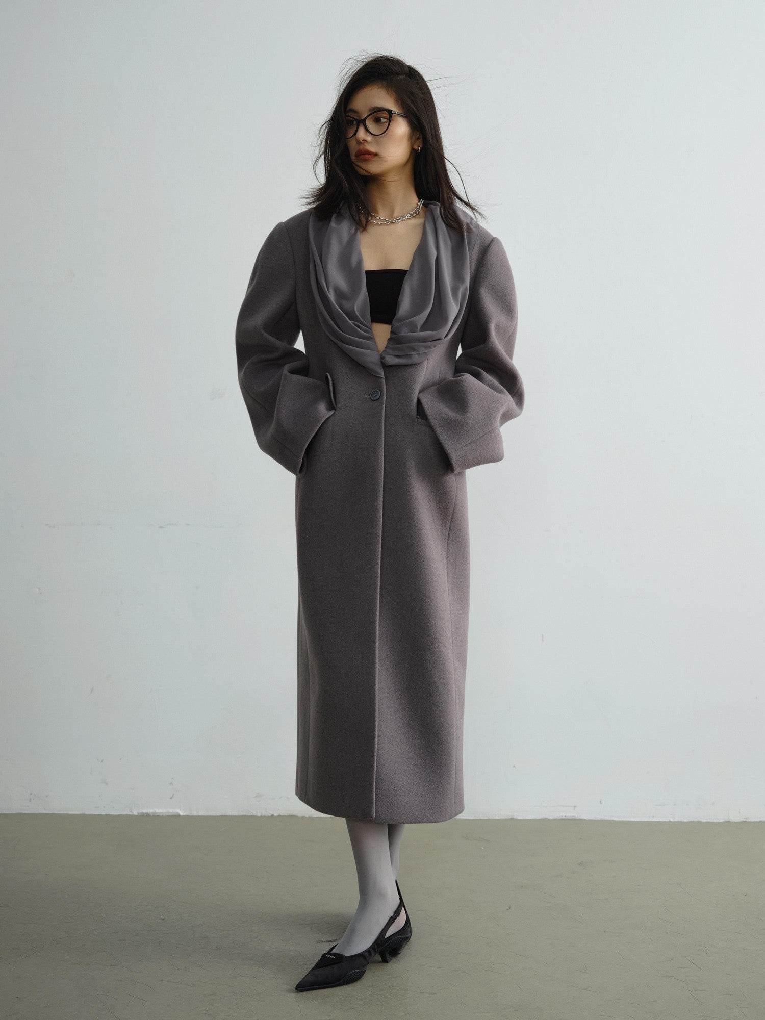 Jnylon studios Faux Silk Scarf Splice Asymmetrical Ultra Low Neck Women's Wool Blend Long Coats