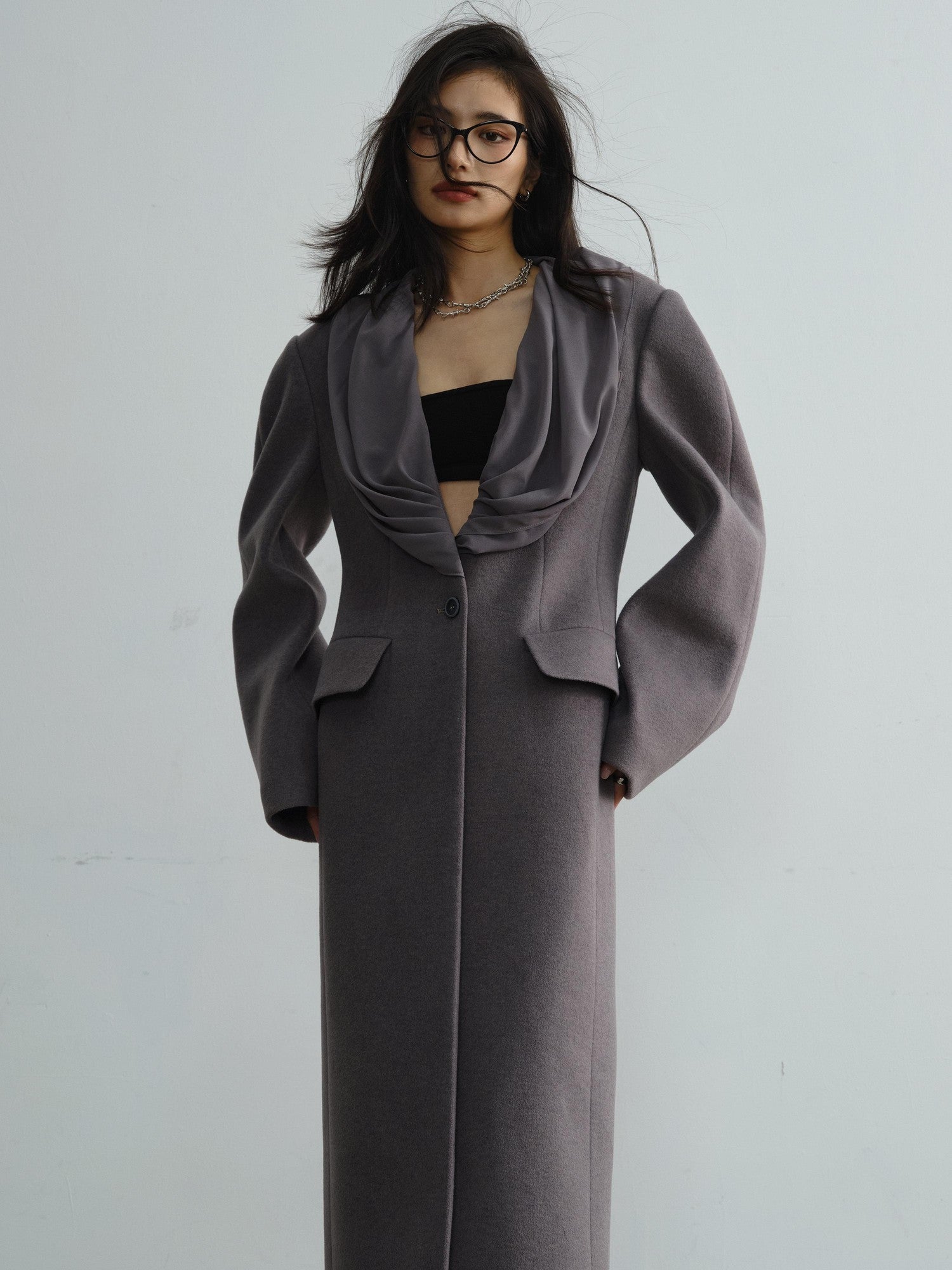Jnylon studios Faux Silk Scarf Splice Asymmetrical Ultra Low Neck Women's Wool Blend Long Coats