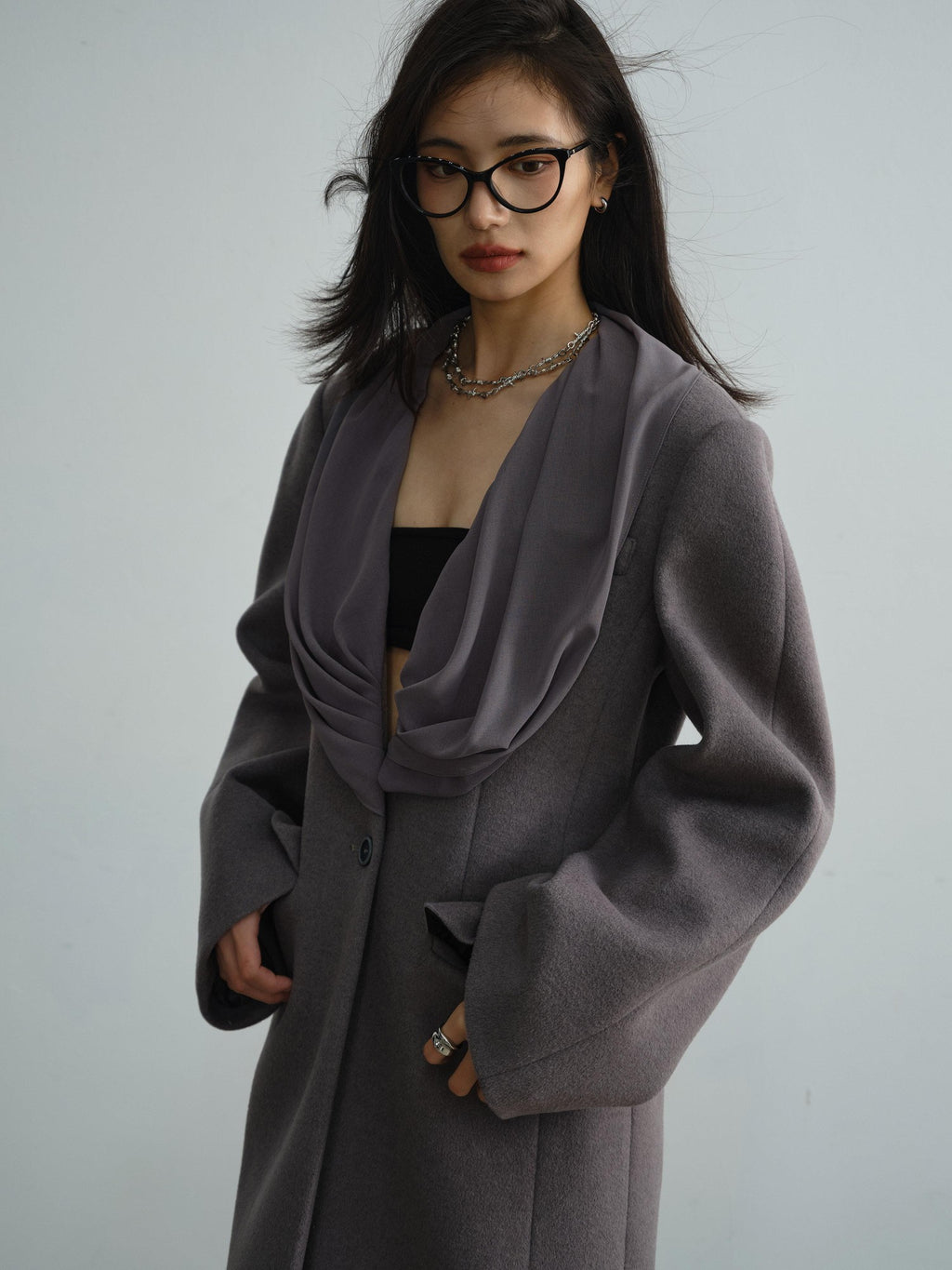 Jnylon studios Faux Silk Scarf Splice Asymmetrical Ultra Low Neck Women's Wool Blend Long Coats