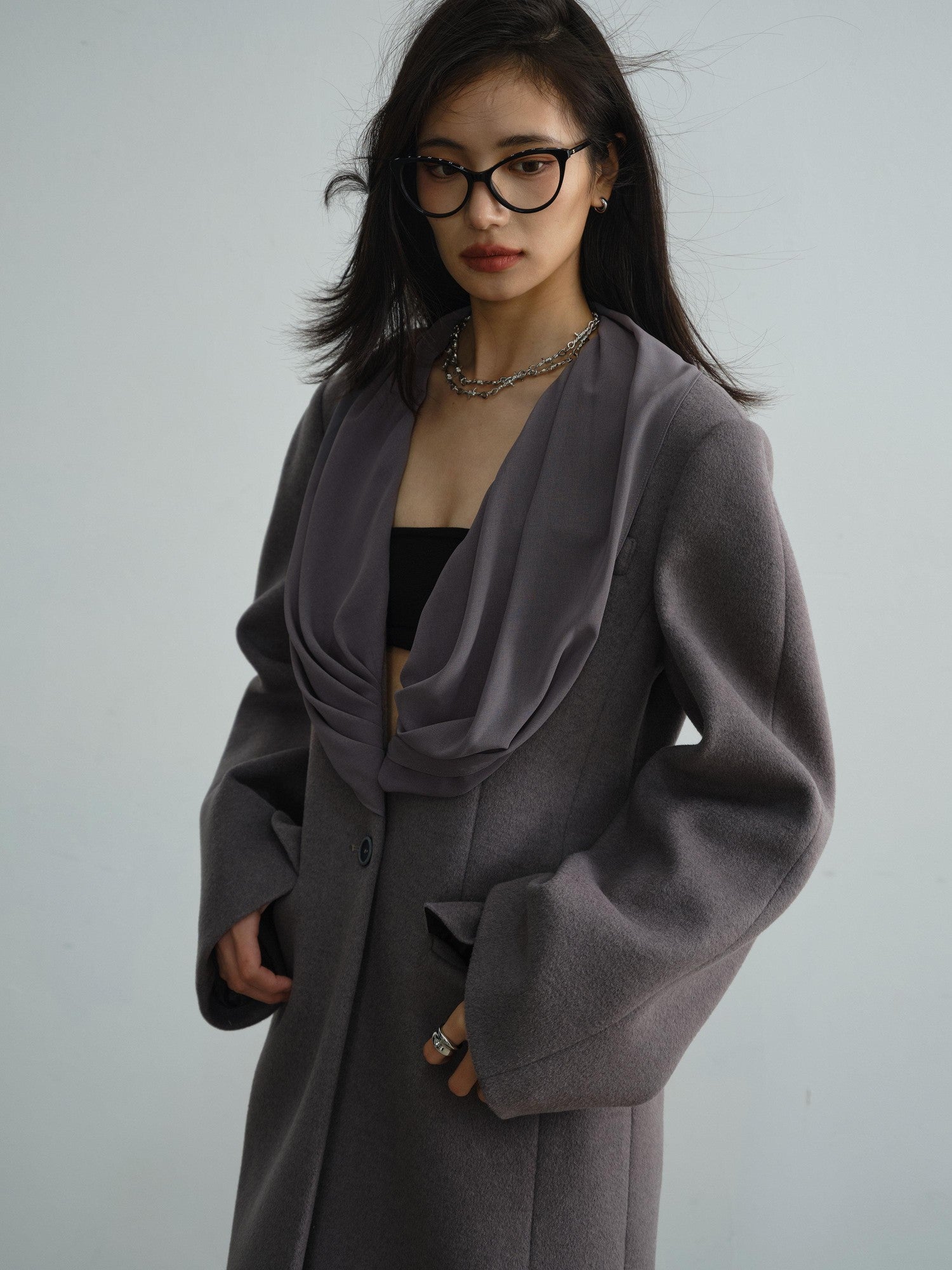 Jnylon studios Faux Silk Scarf Splice Asymmetrical Ultra Low Neck Women's Wool Blend Long Coats